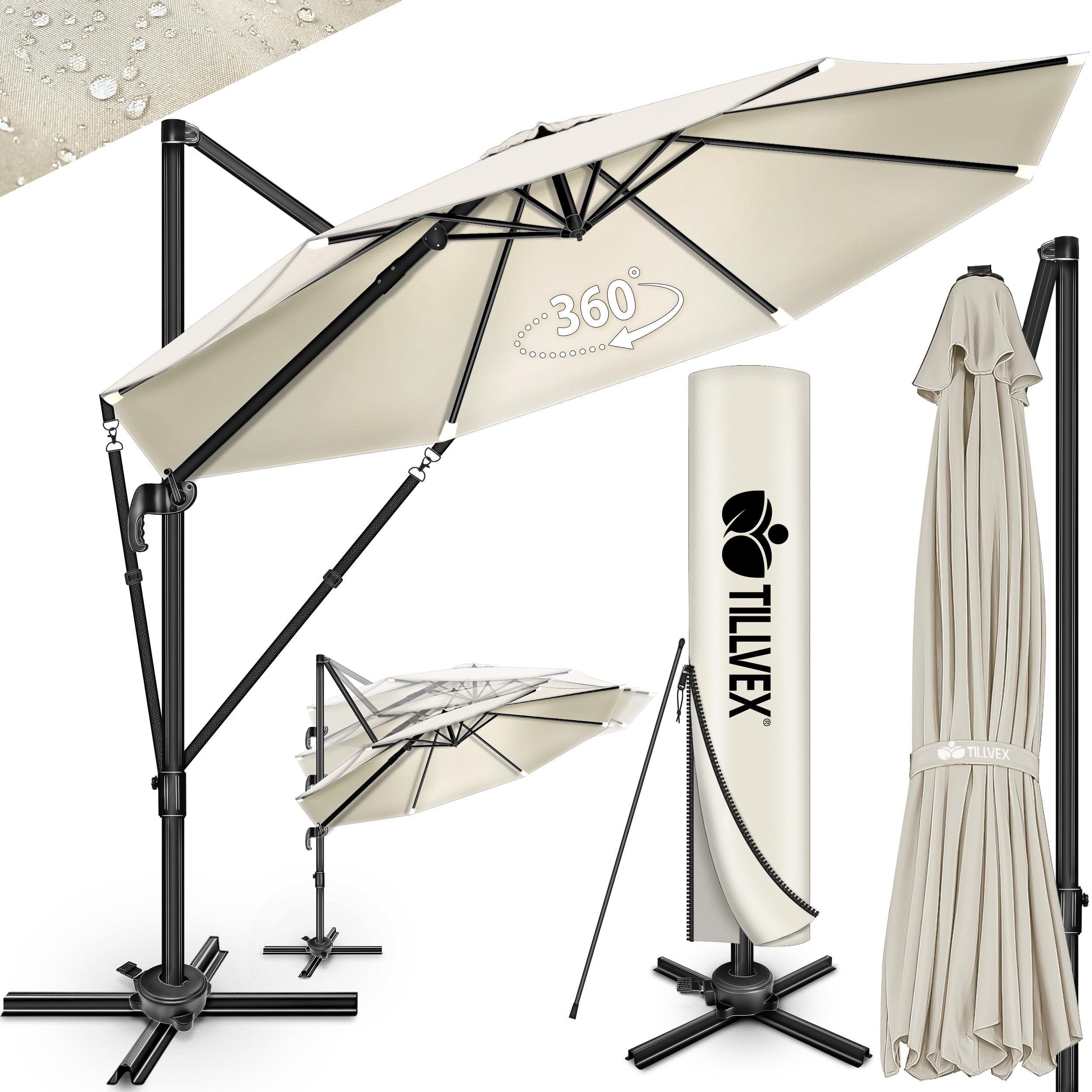 tillvex® Premium ombrellone da giardino 330 cm + copertura e protezione dal vento | Ombrellone a sbalzo regolabile a 7 pieghe con manovella | Ombrellone in alluminio girevole a 360° inclinabile