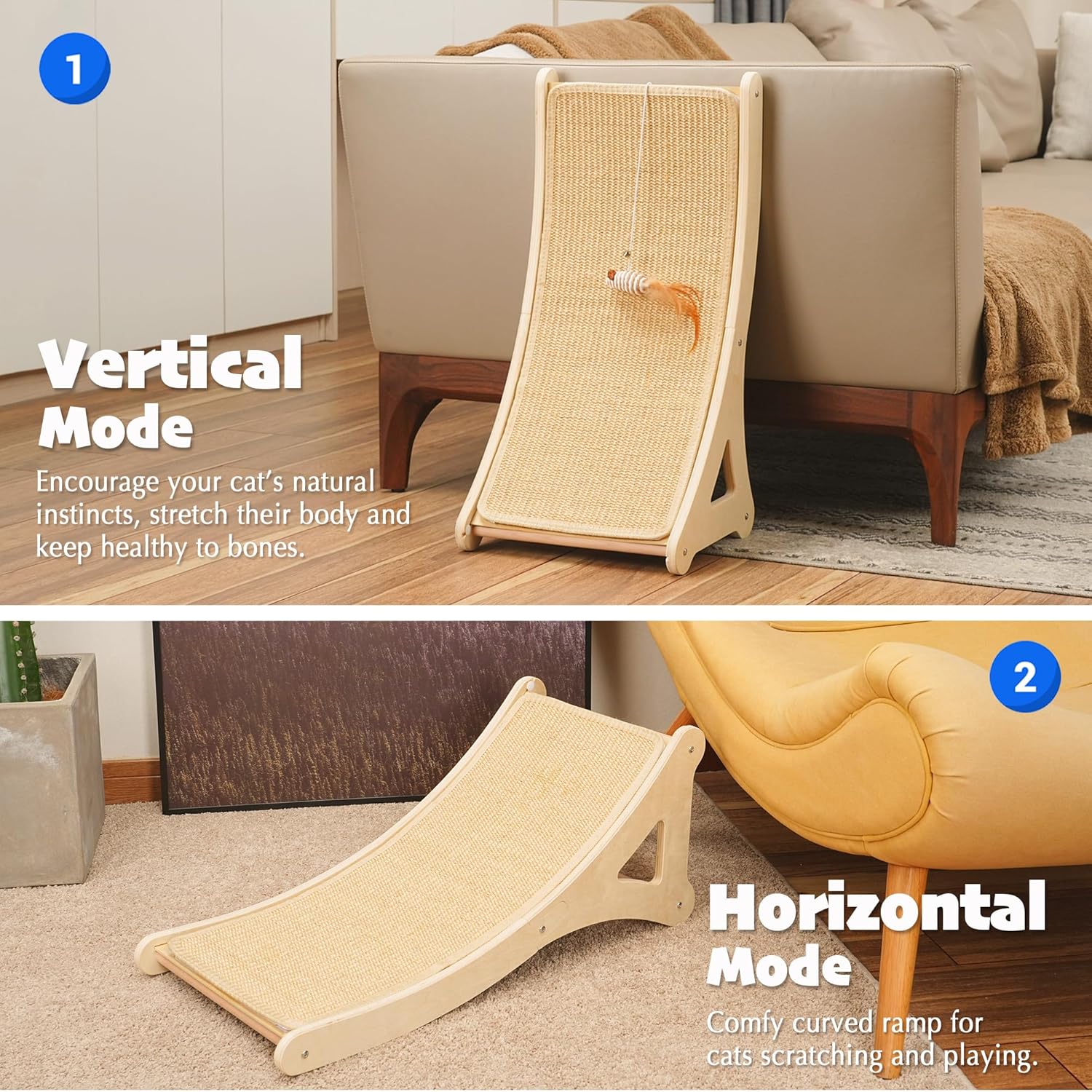 PETKARAY Curved Cat Scratcher, Sisal Kitty Scratching Ramp, L Shape Scratch Pad for Indoor Cats, 25.6" Furniture Protector with Mouse Toy