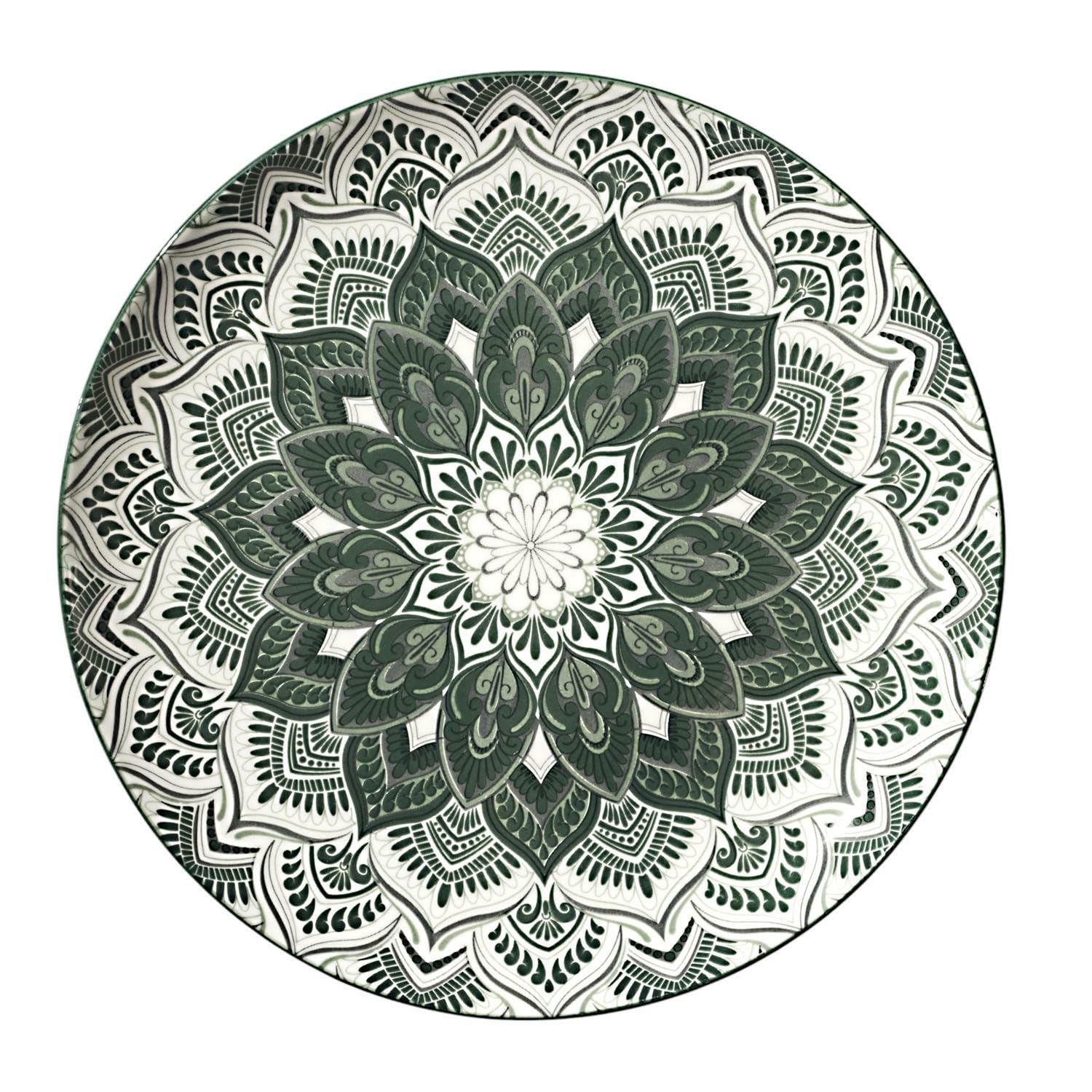 Service de table Indi 12 pièces, assiettes en porcelaine vertes et blanches, lot de 4 assiettes plates de 27 cm, 4 assiettes à dessert 19 cm, 4 assiettes creuses de 20 cm, motif mandala