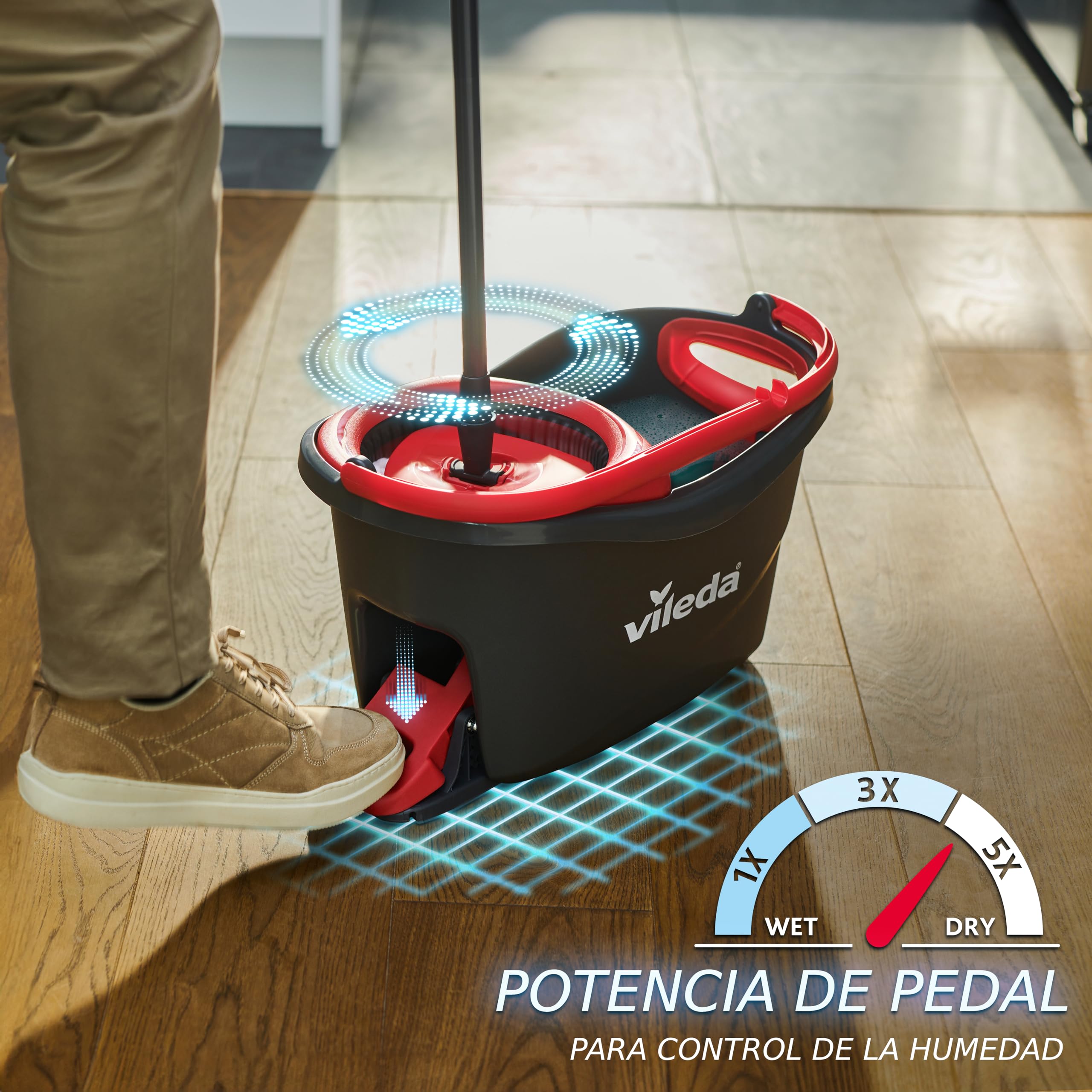 Vileda Turbo 3en1 - Sistema de fregado de Suelos con escurridor Giratorio y Cubo con Pedal | Palo telescópico 85-123 cm | Recambio de Microfibra 3 en 1 | Recambio sostenible | Color Gris y Rojo — view 2
