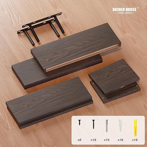 Miniatura 10 de RICHER HOUSE Juego de 3 estantes flotantes negros estantes rústicos de baño montados en la pared con soportes invisibles sobre el inodoro estantes