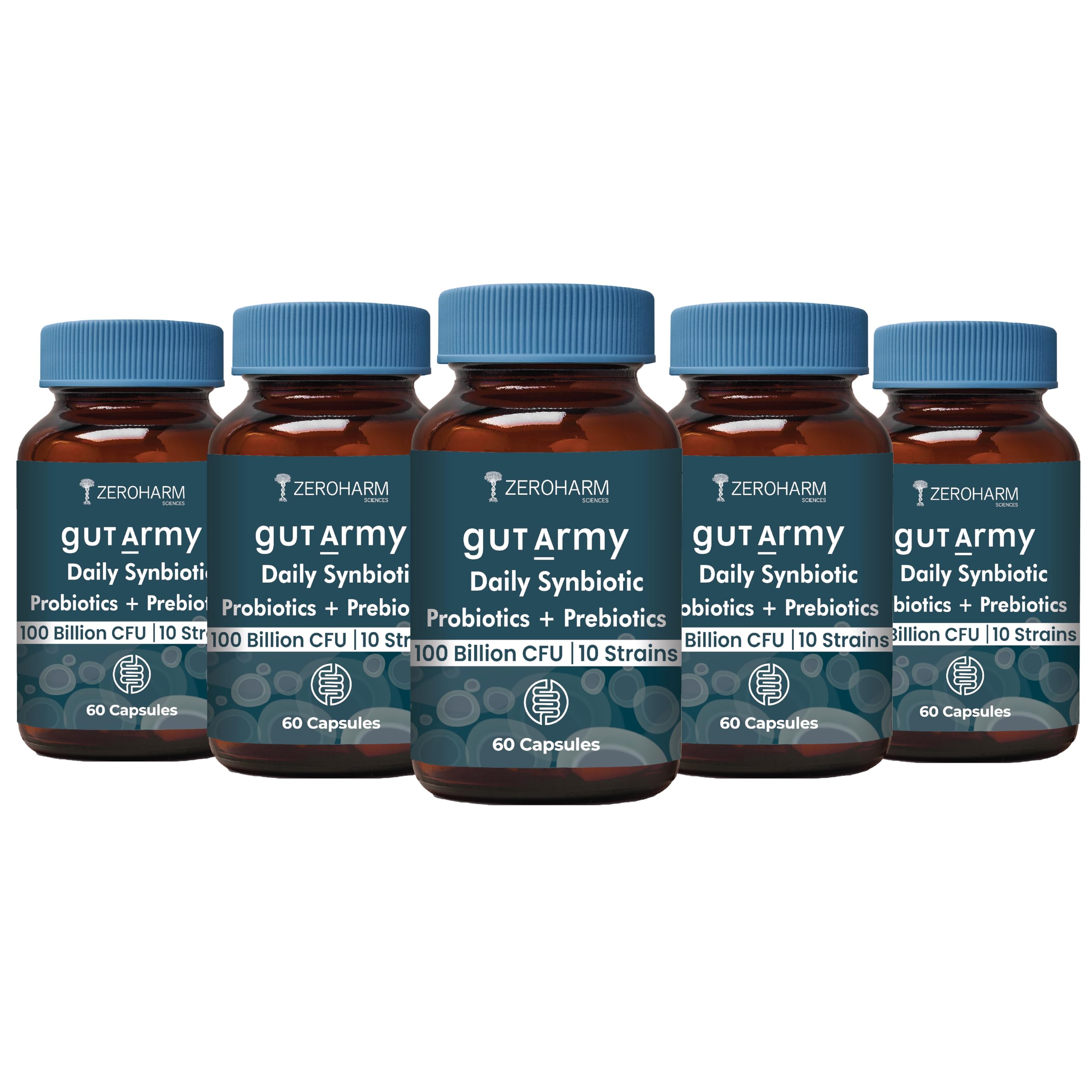Gut Army Prebiotics & Probiotics - 10 Unique Strains Blend -100 Billion CFU - With Inulin & Probiotics Blend - Supports Gut Digestion Health & Bowel Movement - 60 Capsules By ZEROHARM - 5 Pack-image-9