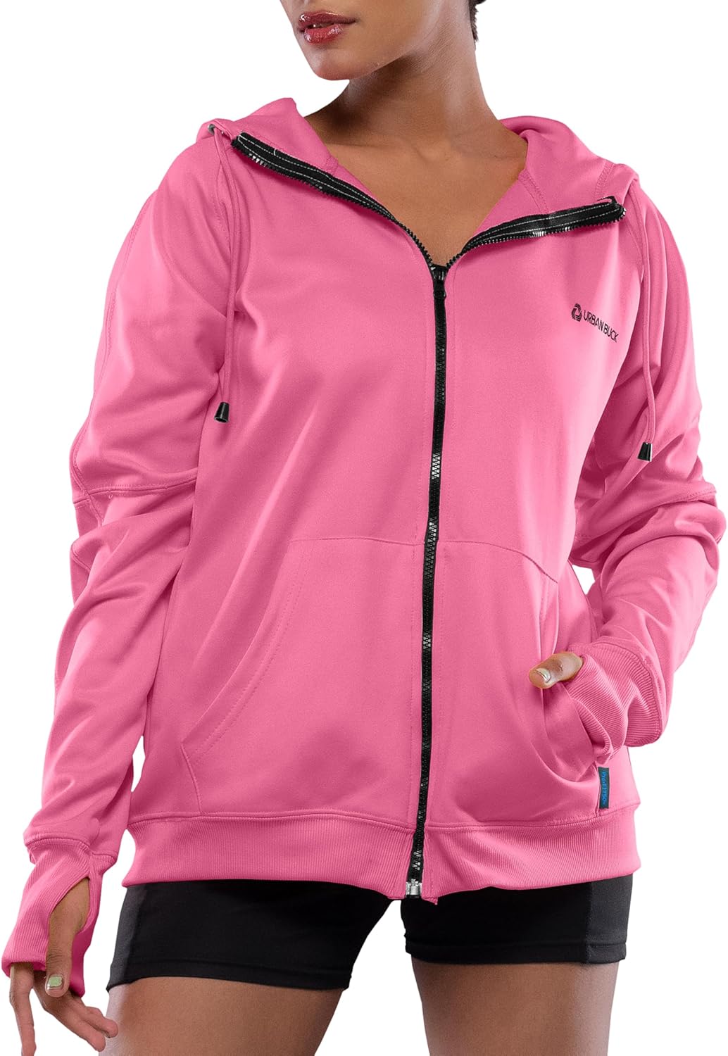URBAN BUCK Neon Zip Up Hoodie With Thumb Holes For Women - High Visibility Scuba Hood Fleece Jacket