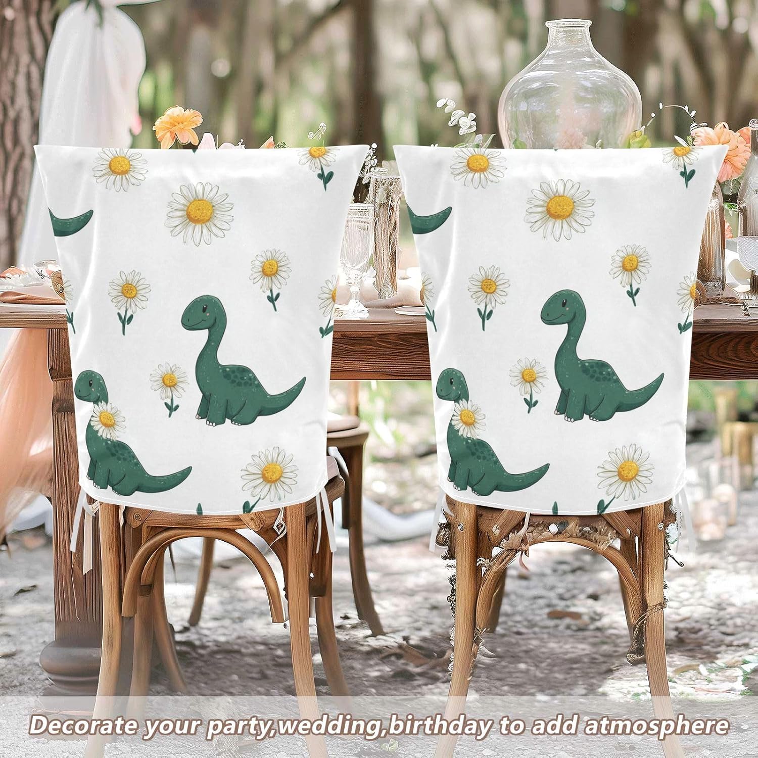 ALAZA Green Dinosaur Daisy Floral Chair Back Cover Set of 6, Washable Reusable Removable Chair Slipcovers Decorative Chair Cover for Home Kitchen Wedding Party