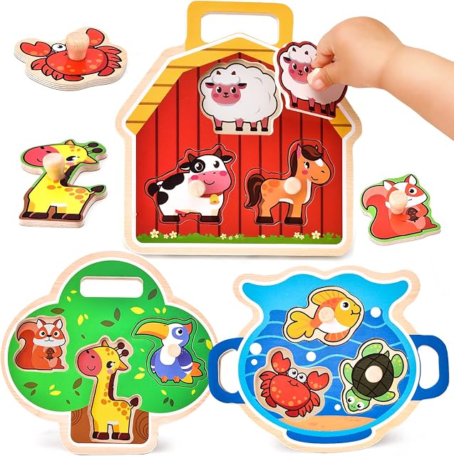 Atoylink 3pack Wooden Puzzles Montessori Wooden Toys for Baby Toddler 1 2 3 Years Old Farm Sea Animals Wooden Jigsaw with Handle Educational Learning Peg Puzzle Travel Toys Gifts for Kids Boys Girls