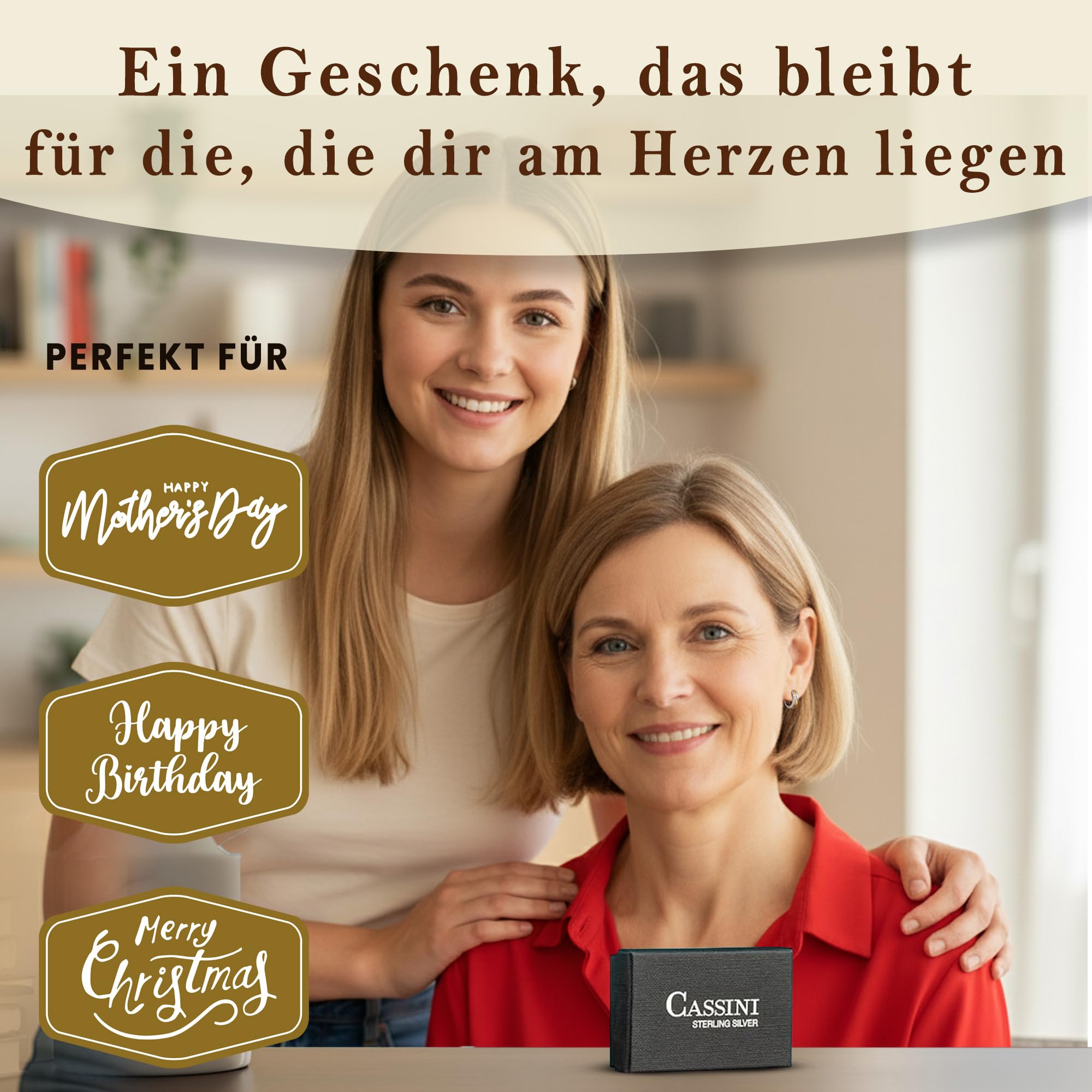 Cassini Silber-Gold Bicolor Klappcreolen Damen – Kleine runde Creolen Nickelfrei mit Zirkonia aus 925 Sterling Silber ca 15mm⌀, poliert & rhodiniert, mit Scharnier – Eleganter Damenschmuck 3CAK