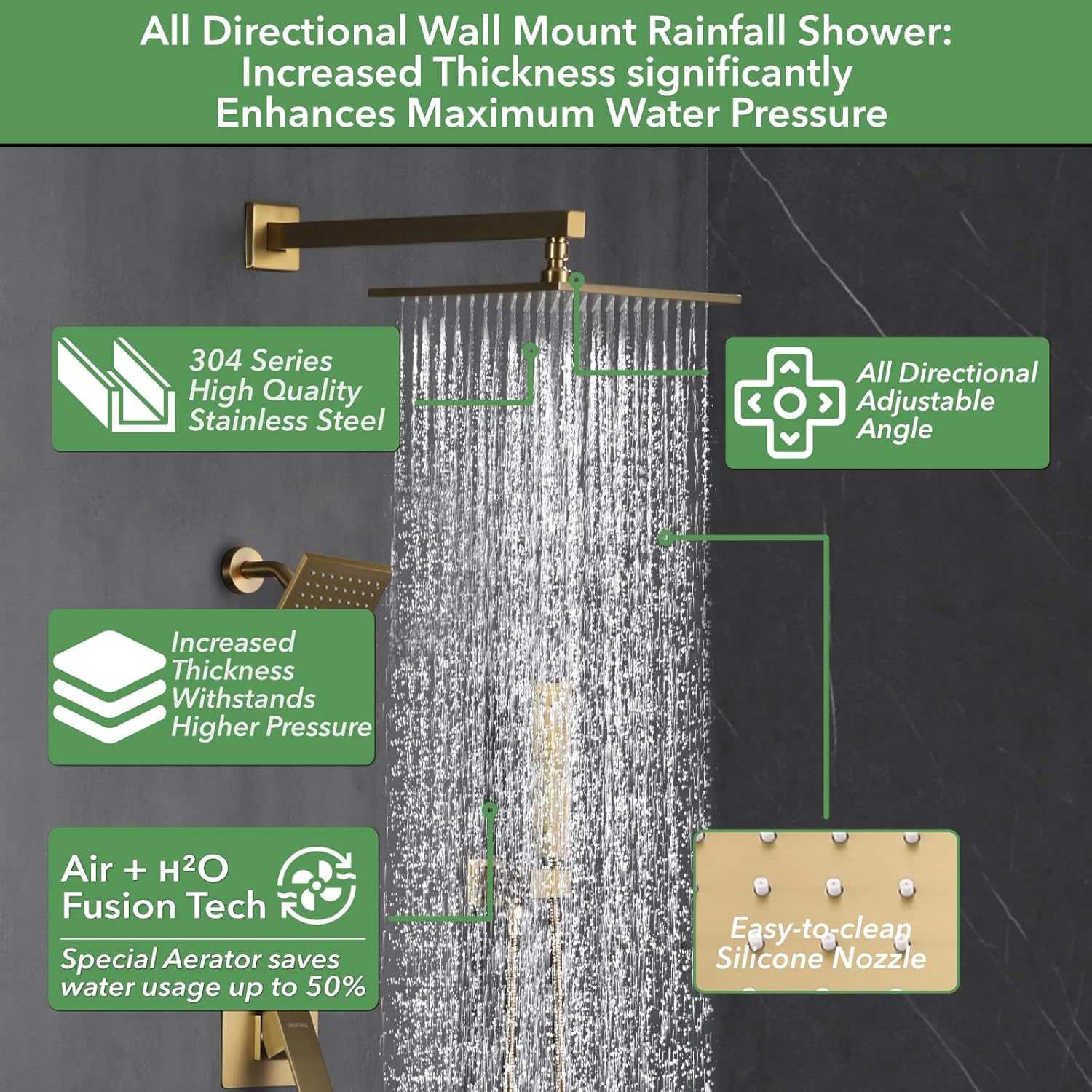 VANFOXLE Shower Faucet Set Brushed Gold Shower System,Push Button Diverter Shower Faucet with 2 in 1 Handheld, Wall Mount Increased Thickness 10 Inch Shower Head with 6 Inch Shower Head - Image 3