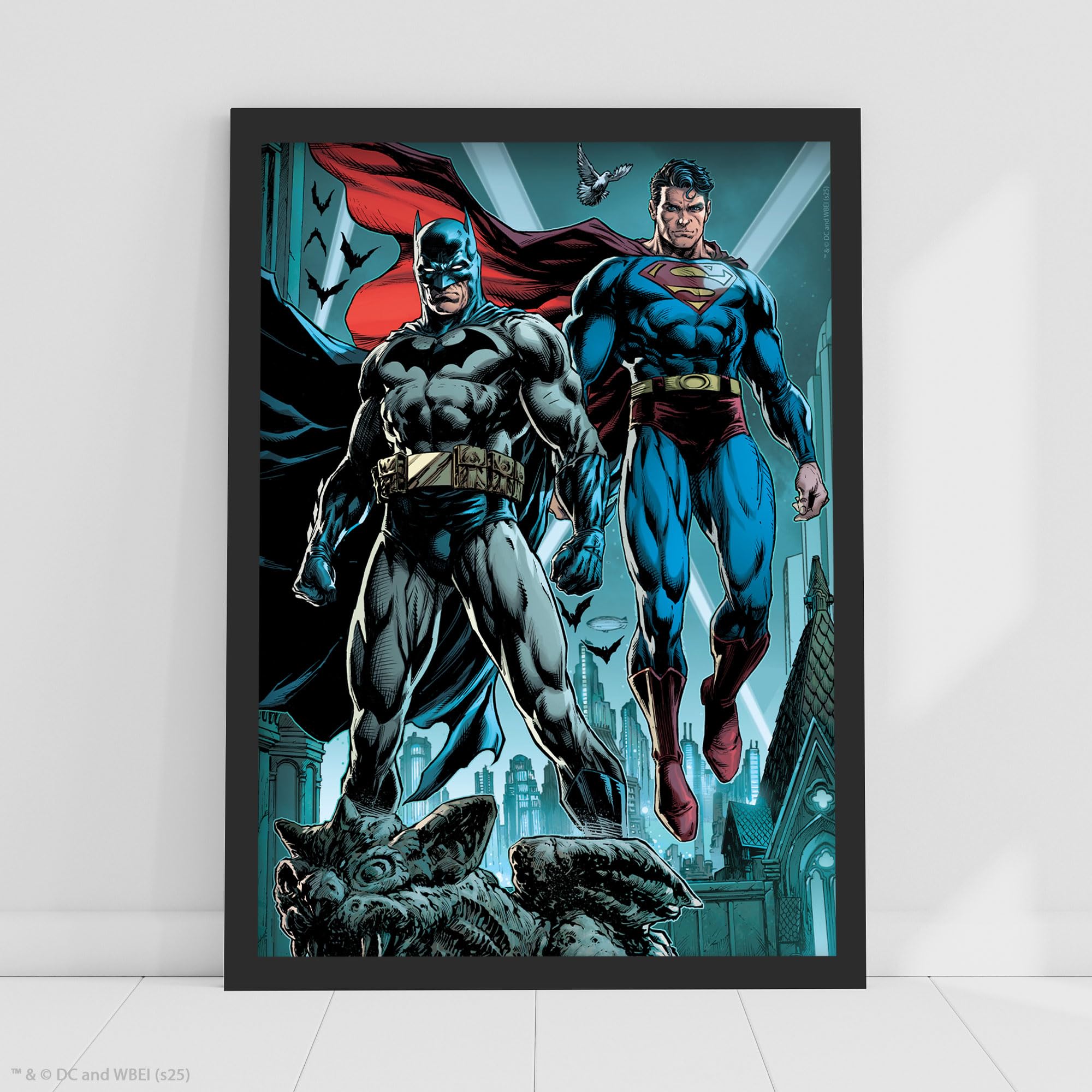 Themed Multicolour Dc Comics Print - Batman And Superman Flying Poster Superhero Wall Art (21Cm X 29.7Cm - A4)