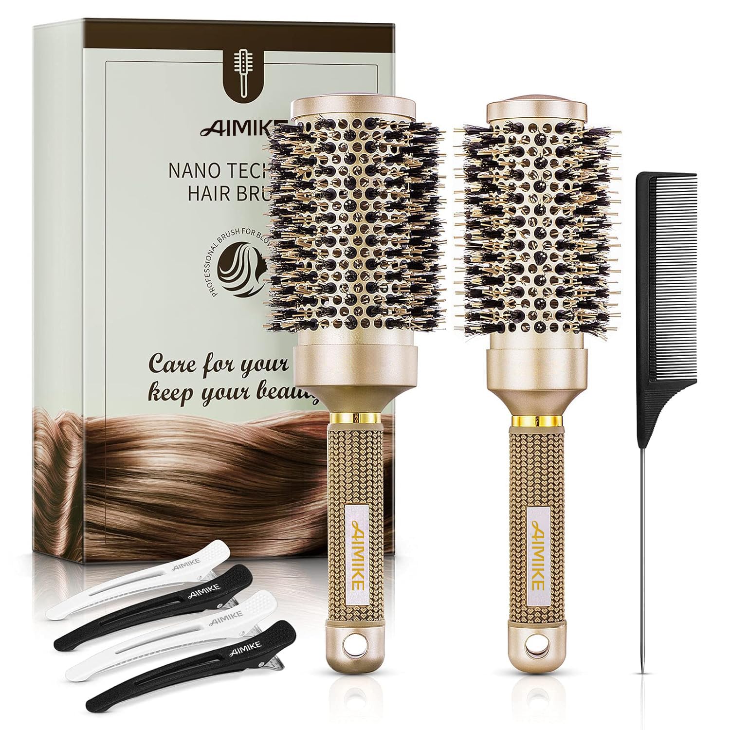 AIMIKE Cepillo Redondo Pelo Profesional, Cepillo pelo Redondo con Cerdas de Jabalí para Mujeres y Hombres, Mejora la Textura para Secado de Cabello, Peinado, Rizado y Brillo - Barril de 53&43 mm
