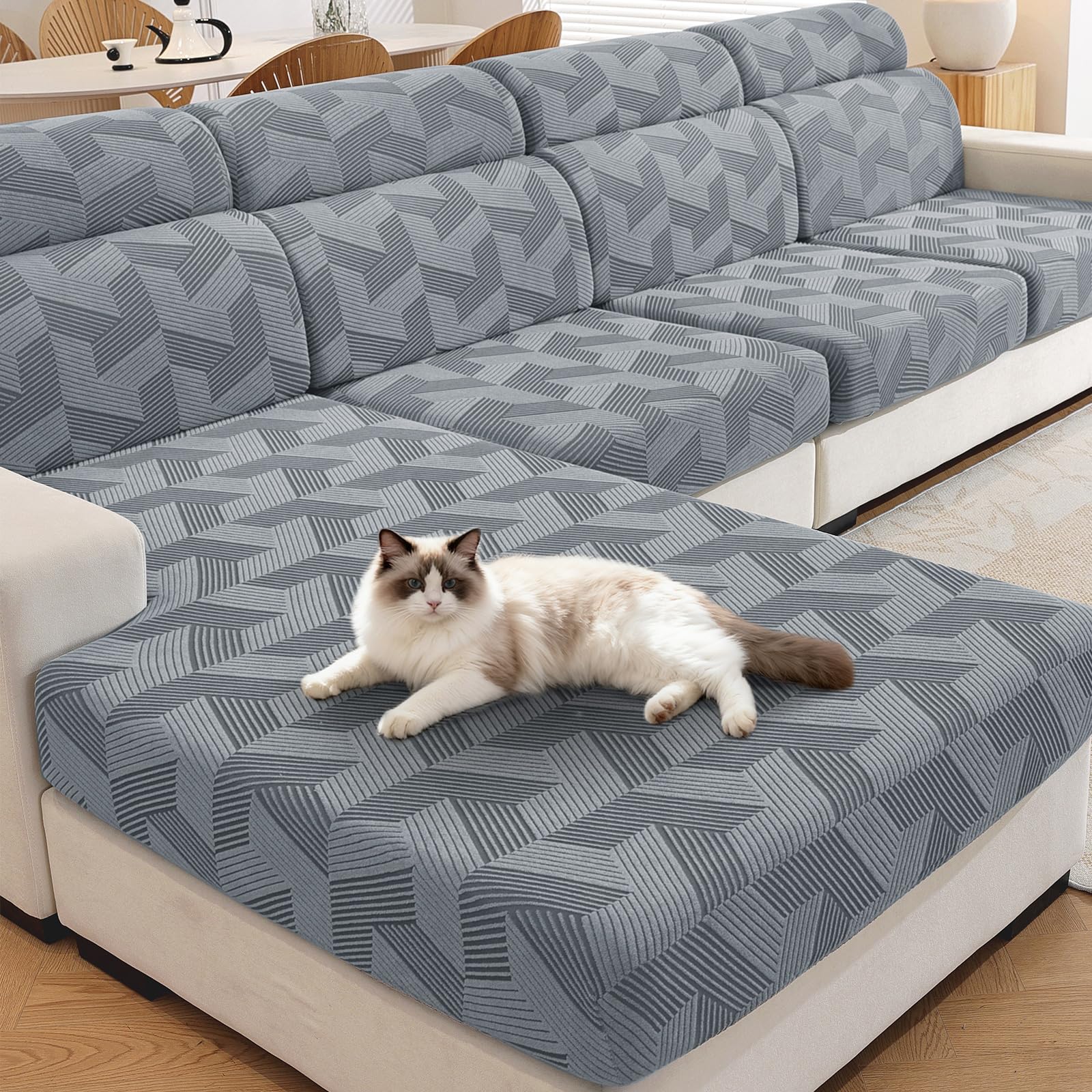XINEAGE Sofa Seat Cushion Cover, Geometrical Jacquard Couch Cushion Slipcovers Stretch, Replacement for Individual Cushion with Elastic Bottom & Non-Slip Strap (1 Seater*3, Light Grey)