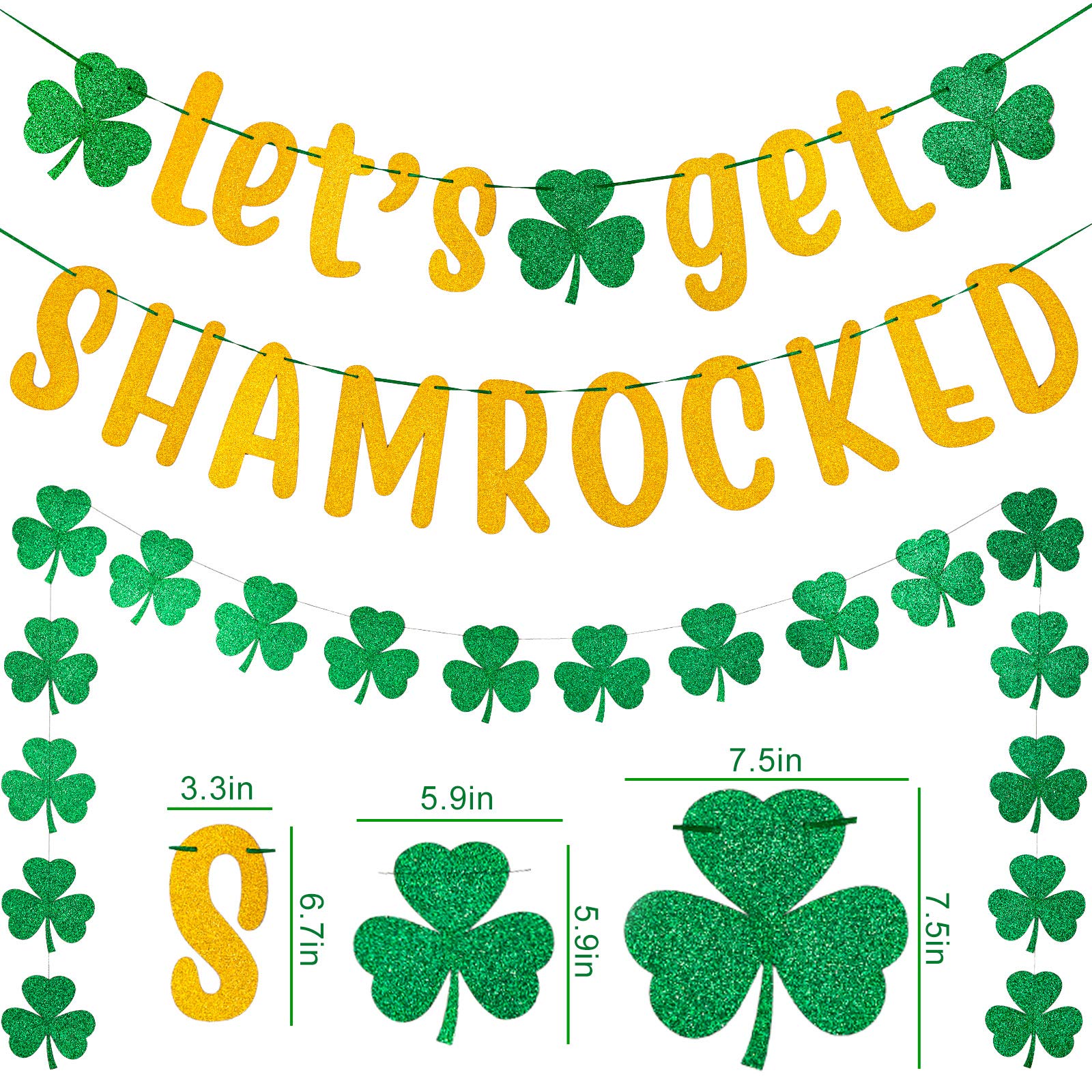 Whaline 3pcs St. Patrick's Day Banner Decoration 7.5 Inch Gold Glittery Let's Get Shamrocked Banner & Glittery Green Shamrock Clover Garland Banner Pre-Assembled Irish Home Party Supplies, 39pcs