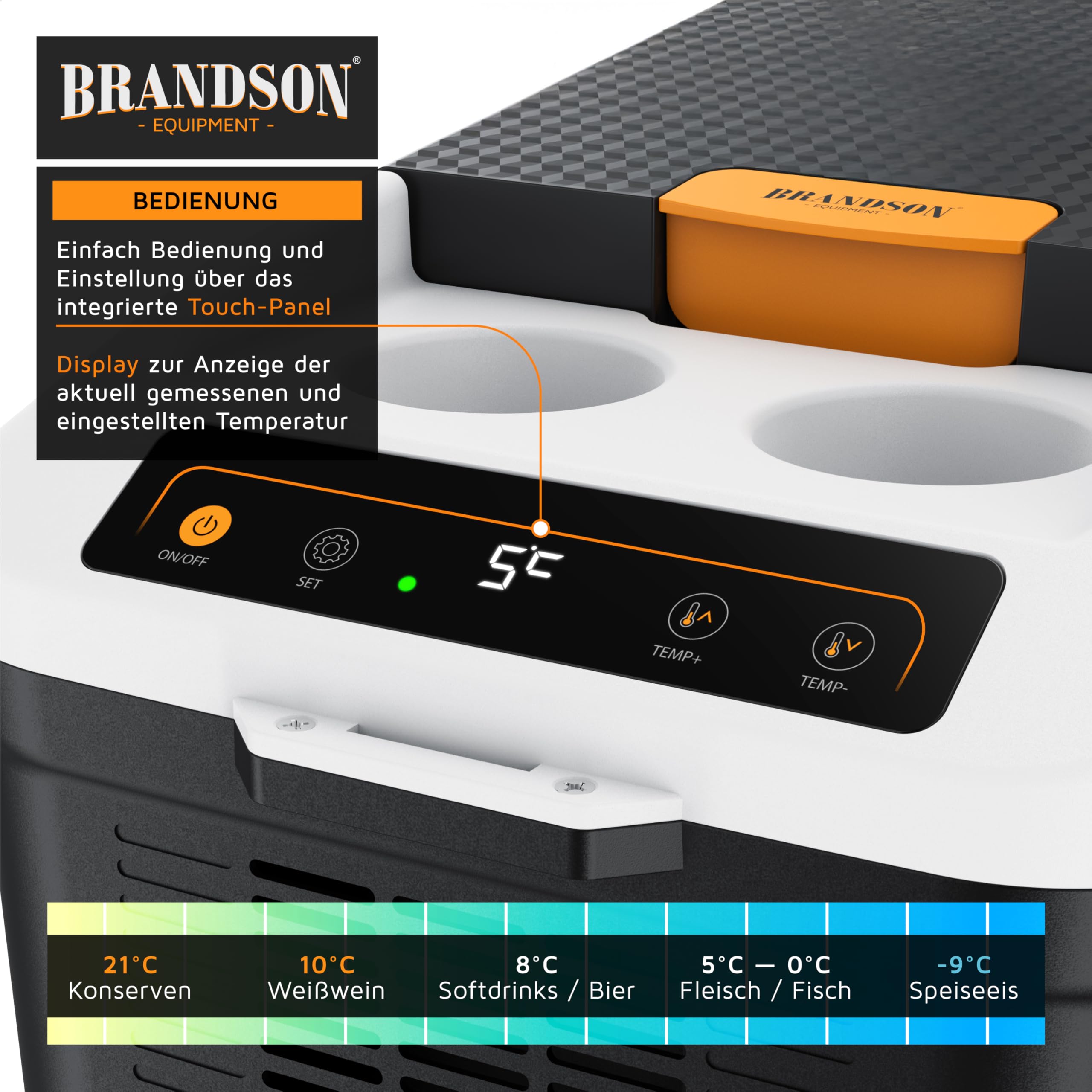 Brandson - Kfz Kühlbox elektrisch 14L – 230 V Netzspannung und 12 V KFZ Bordspannung – kühlt und wärmt – Heizen max. 65°C – Herabkühlen ca 20°C unter der Umgebungstemperatur - Auto Wohnmobil Boot