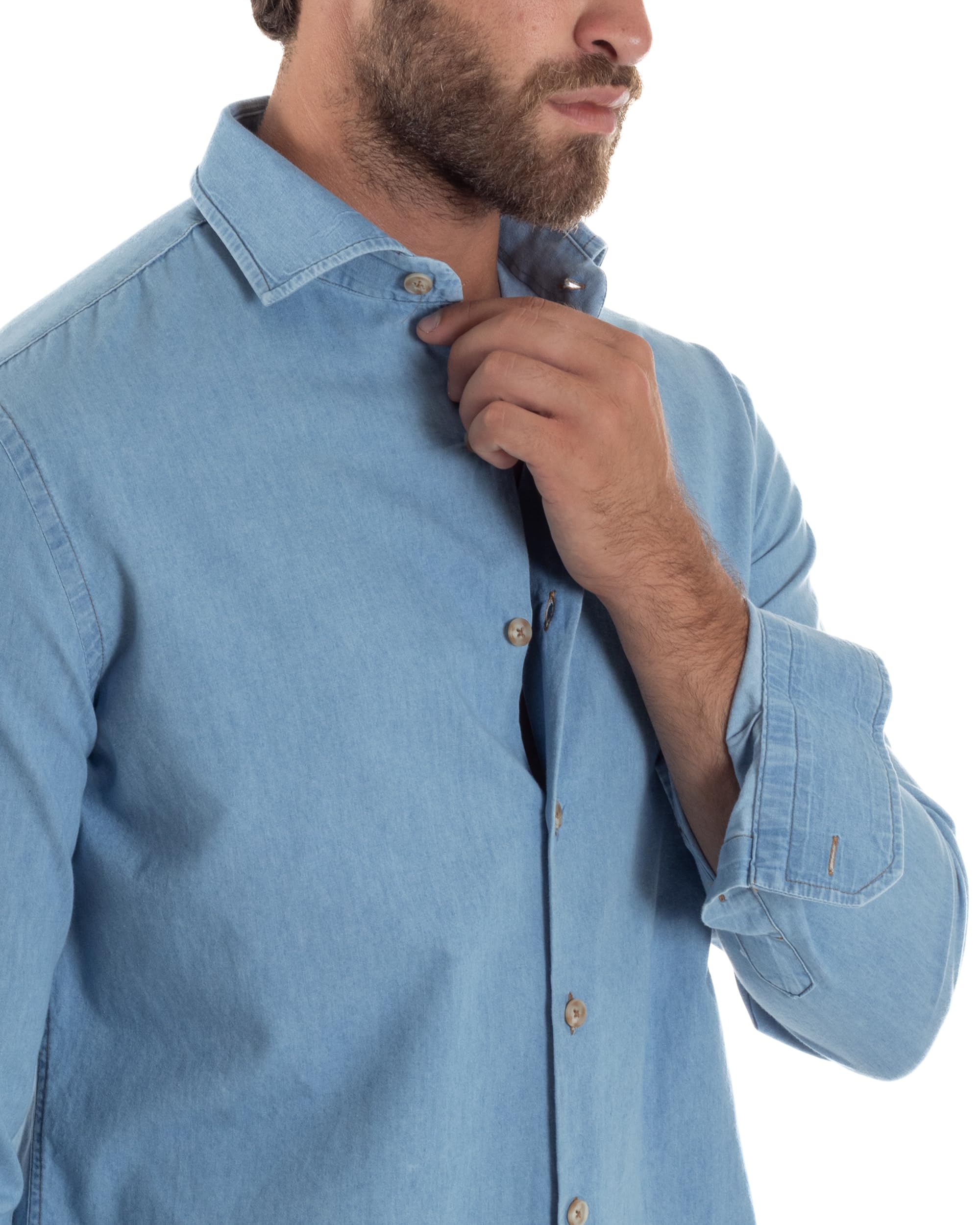 Camicia Uomo Jeans Collo Francese Denim Cotone Casual