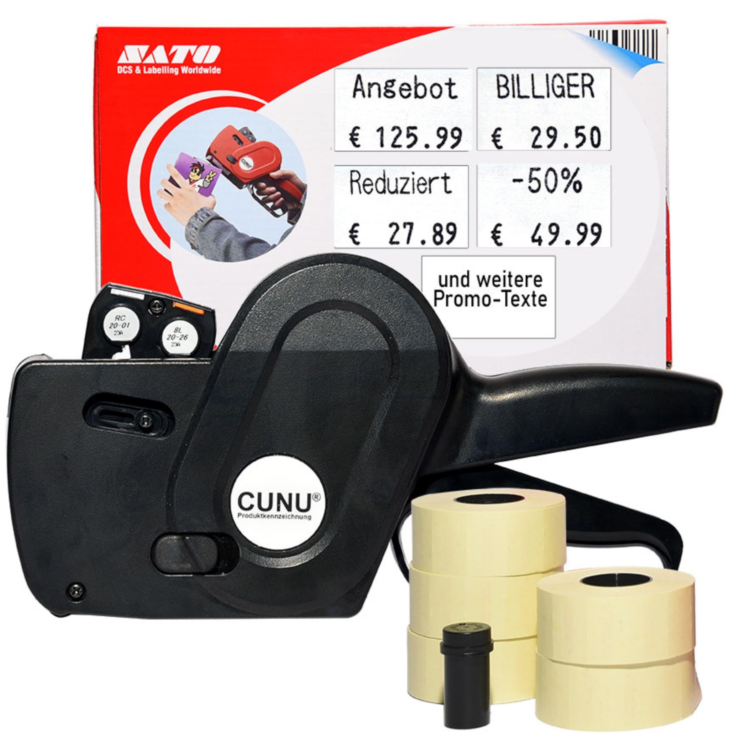 Promo-Preisauszeichner 2-zeilig mit Texten und Zahlen - Datum und Preis Handauszeichner zweizeilig - Etikettiermaschine mit 26x16mm Etiketten - Auszeichner Gerät/Maschine direkt vom Fachhandel