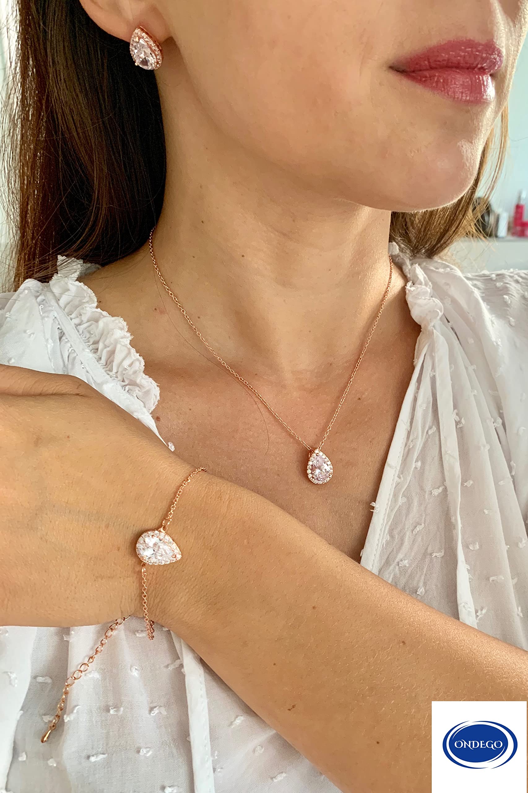 ZIRKONIA Brautschmuck rosegold Schmuckset Hochzeit Ohrringe Kette dezent schlicht elegant tropfen tropfenform