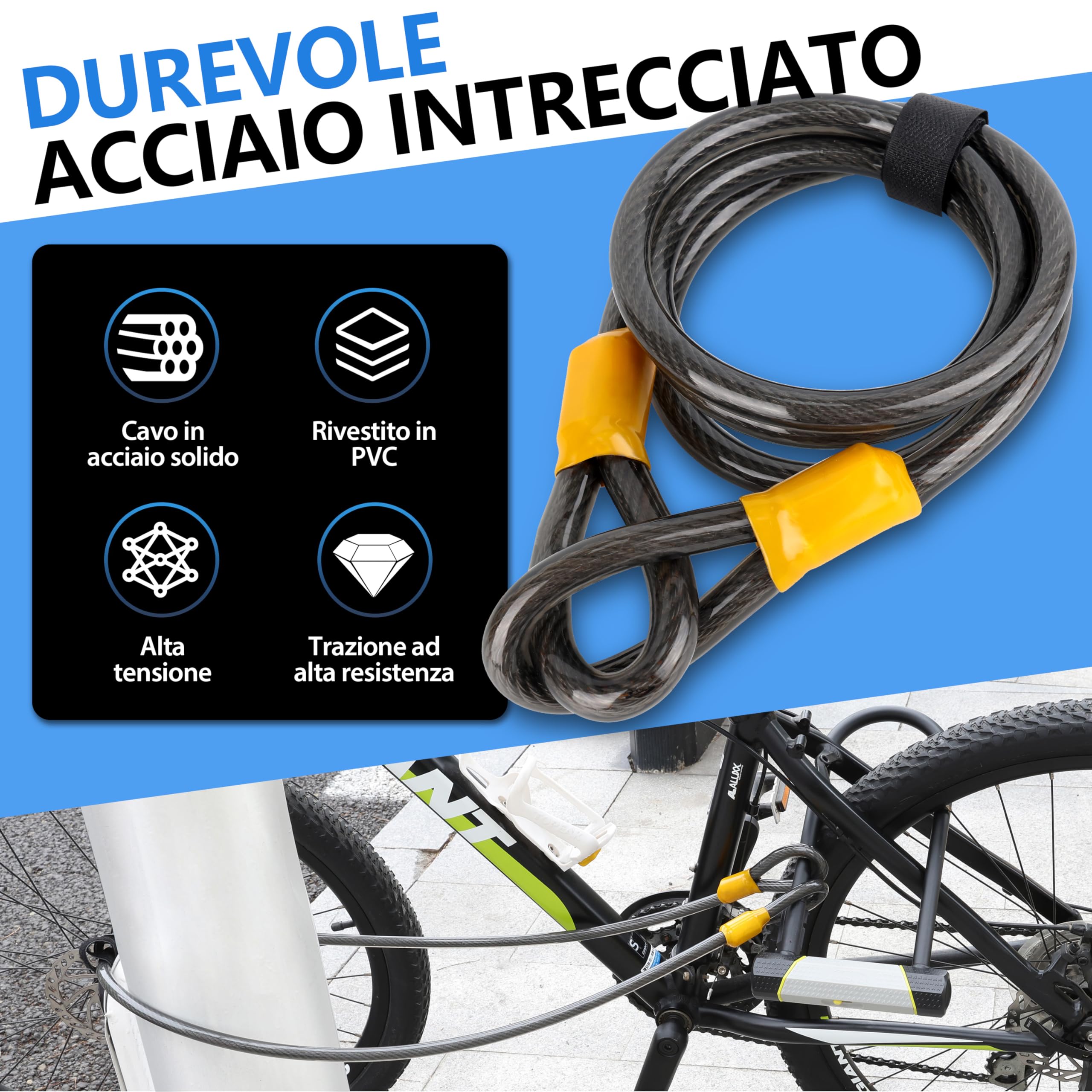 SUNYA Lucchetto per bicicletta, 14mm antifurto a U e cavo 12mm x 1,5m. Livello di sicurezza 7/10, offre un alto livello di protezione. 1 supporto di montaggio.