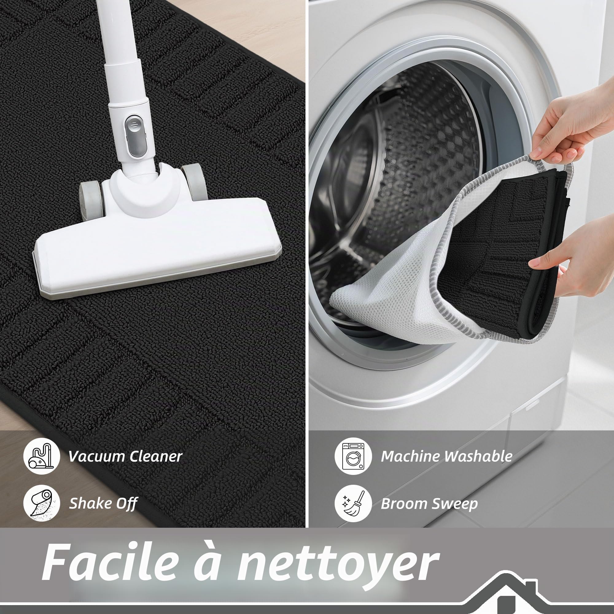 BEQHAUSE Lot de 2 Tapis de Cuisine lavables antidérapants avec Dos antidérapant en TPR (Noir, 50cm*76cm+50cm*120cm)