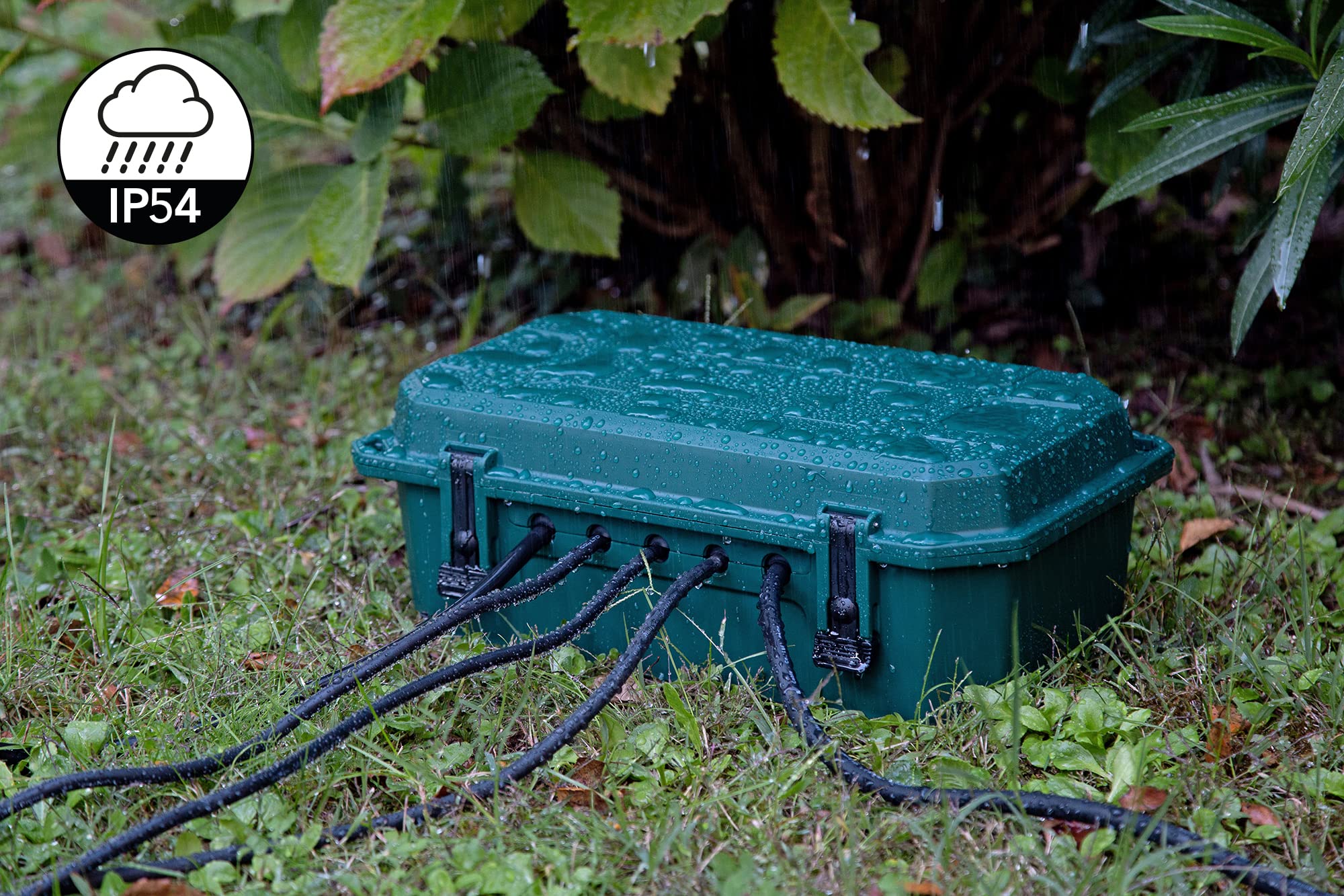 Electraline 300182 - Caja de protección impermeable para exteriores IP54 (con 4 enchufes IP44 con tapas, cable de 5M H05RR-F 3G1.5, verde, X-Large