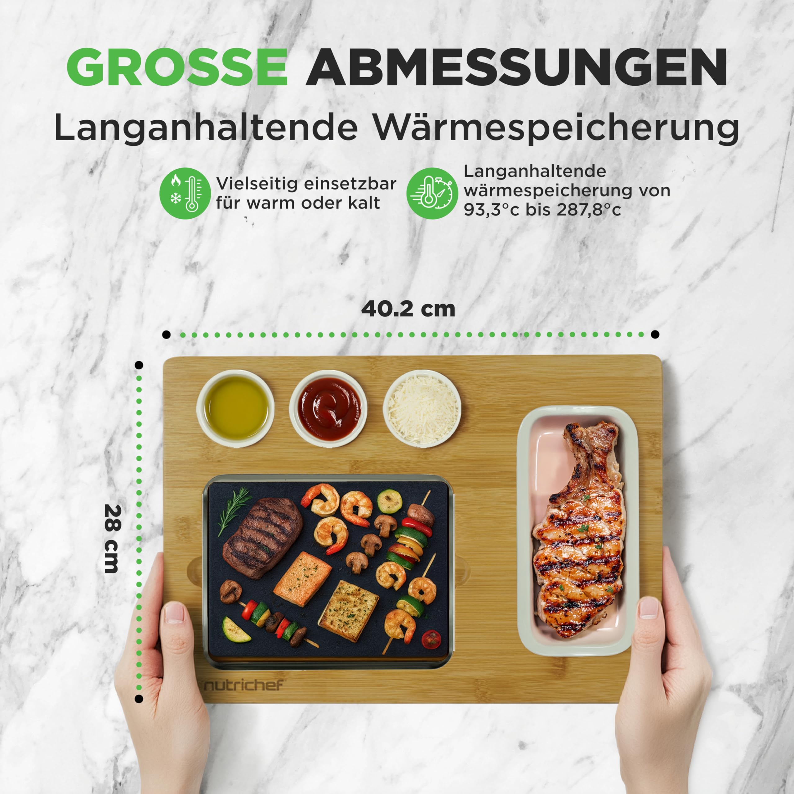NutriChef Heißer Stein Grillplatte – Tischgrill-Set mit Bambus und Keramik Ideal für Steak und Dinner - Natürliches Granit-Kochset - Servierplatte mit Saucenschälchen