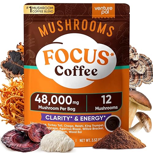 Venture Pal Café de hongos de 48000 mg con 12 hongos adaptogénicos, melena de león, cordyceps, cola de pavo, reishi, ashwagandha y probióticos, café