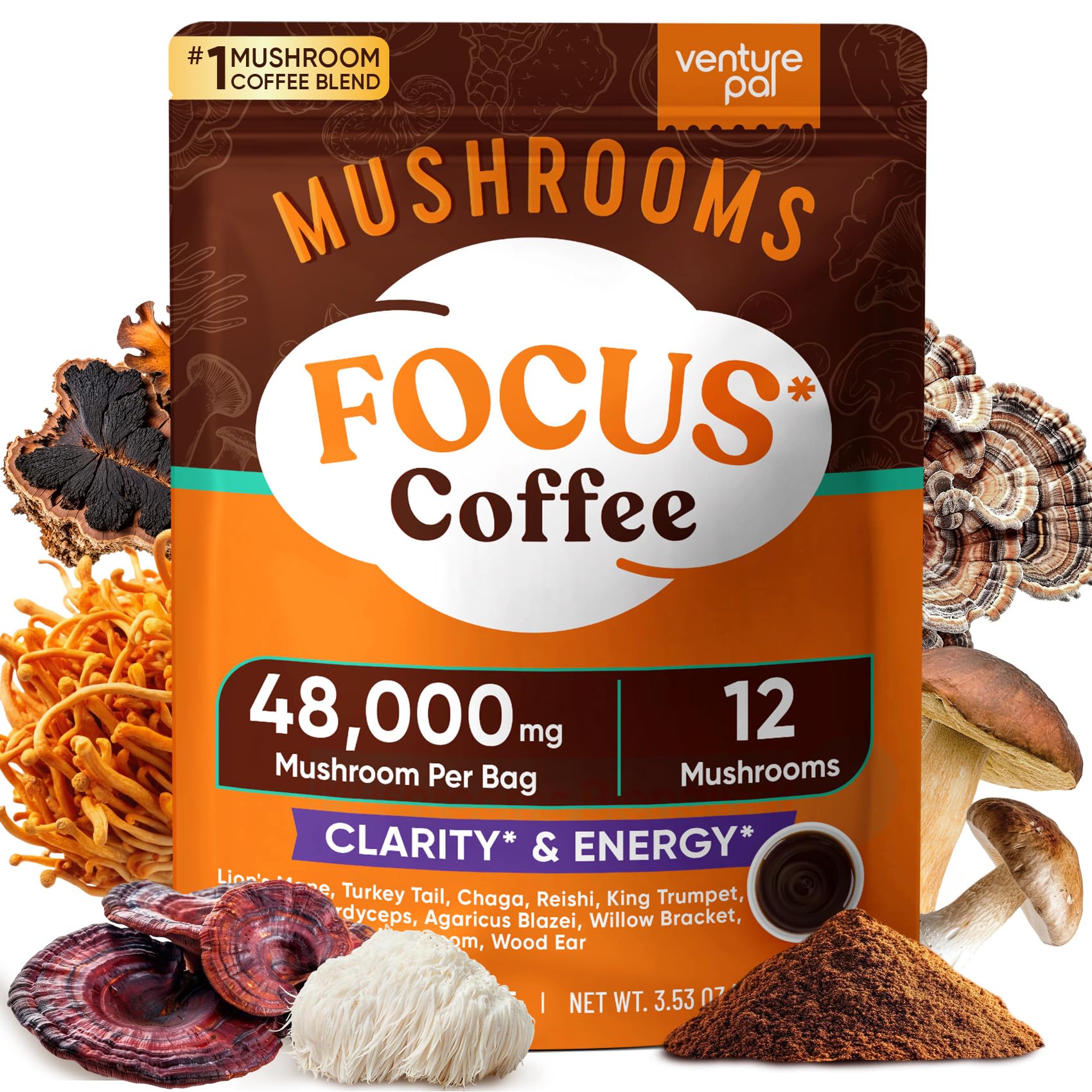 48000mg Mushroom Coffee with 12 Adaptogenic Mushrooms, Lion's Mane, Cordyceps, Turkey tail, Reishi, Ashwagandha & Probiotics, Instant Coffee for Focus, Digestion & Immunity – 40 Servings