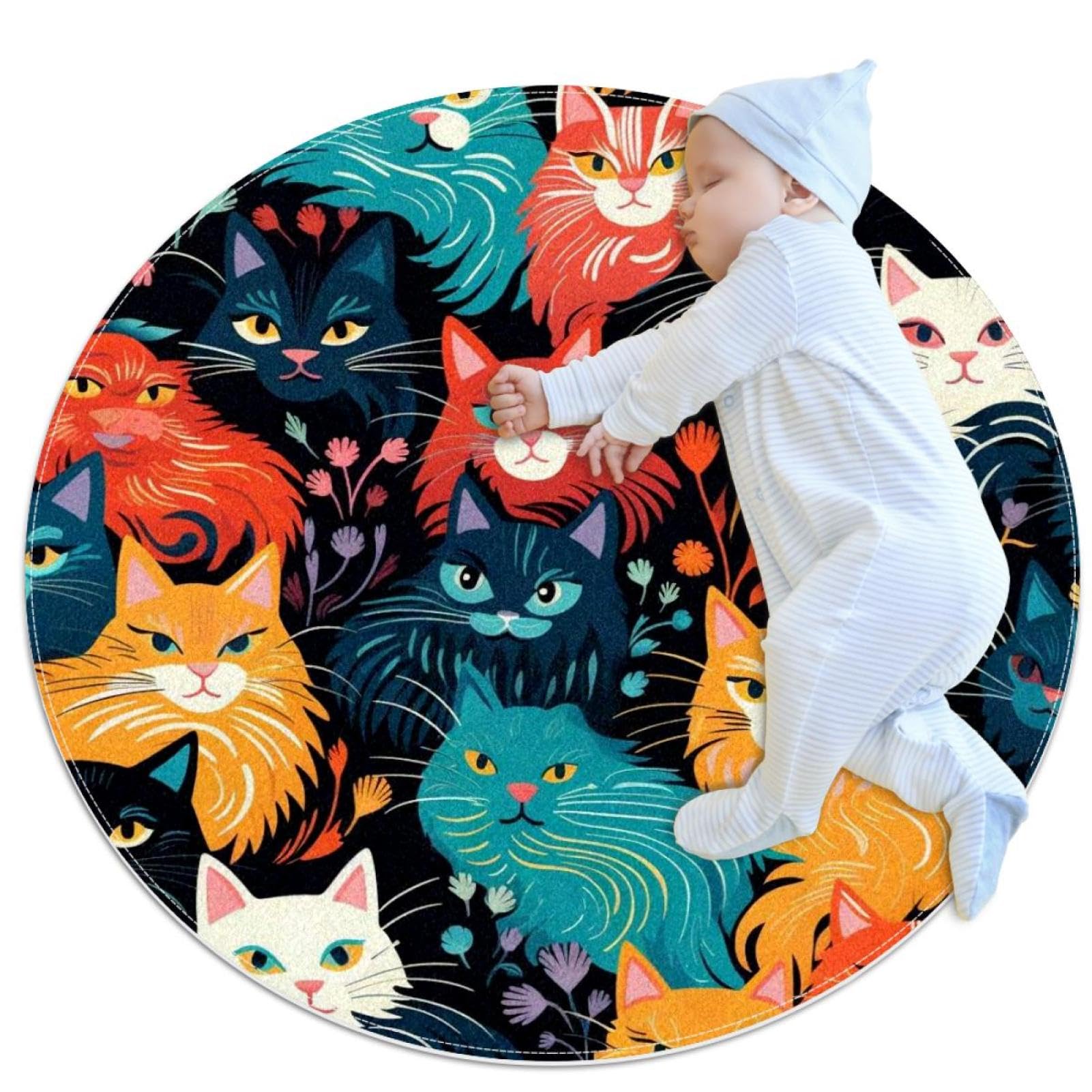 Tapis de salle de bain chat et paon rond 1m antidérapant pour chambre