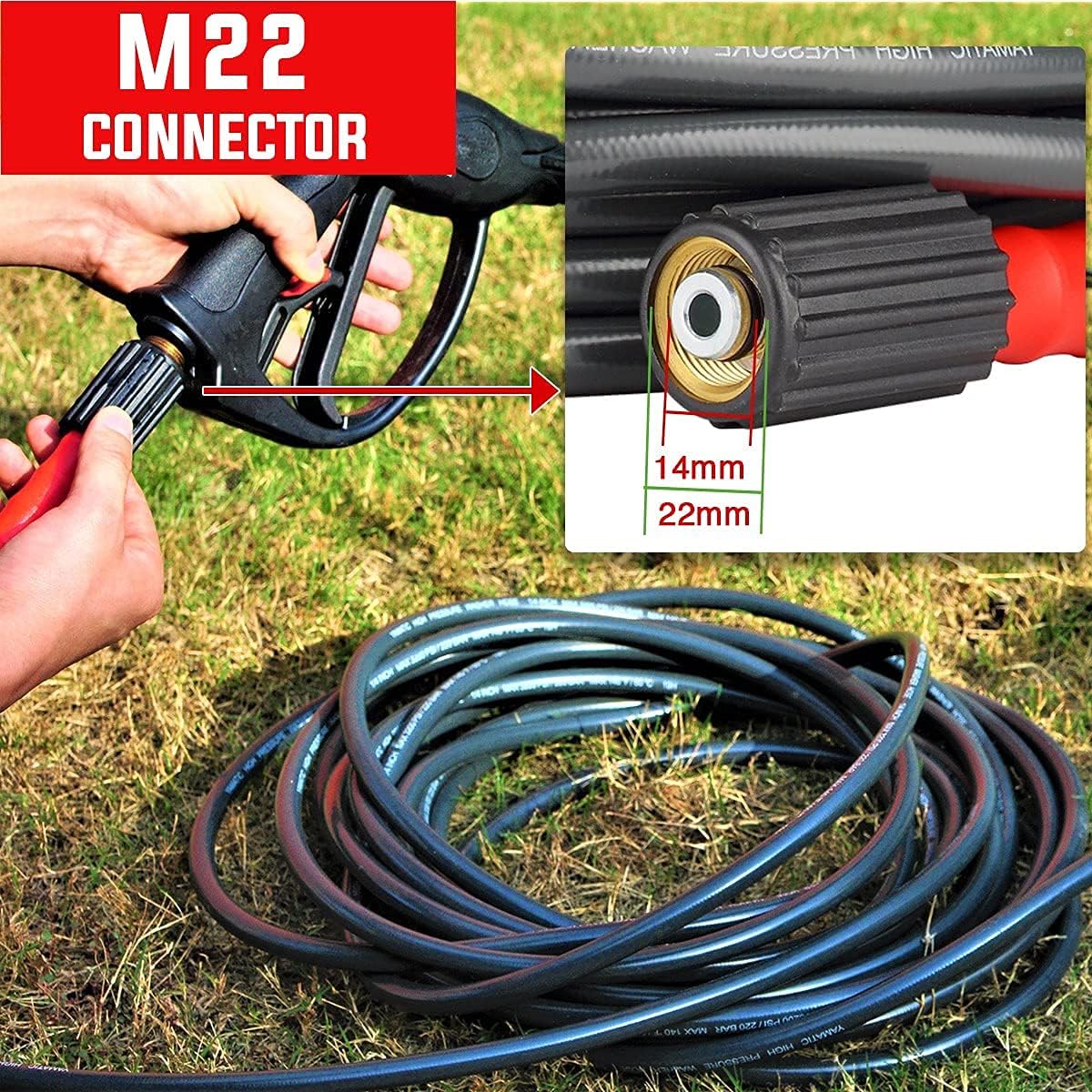 YAMATIC Pressure Washer Hose Heavy Duty & Wear Resistance Upgrade, Non-Marking 50 FT X 1/4", Up to 3200 PSI & Burst 9000 PSI, M22-14mm Female Thread : Patio, Lawn & Garden