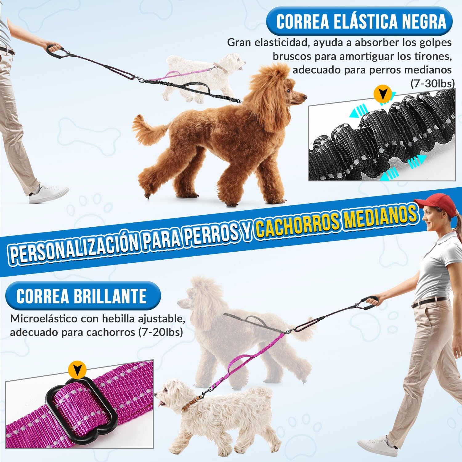 SlowTon Correa Doble para Dos Perros Pequeños, Correa Dual Antienredo con Giro de 360° y 4 Asas, Súper Ligera para Cachorros de hasta 20 Libras, Correa Reflectante Ajustable con Amortiguador de