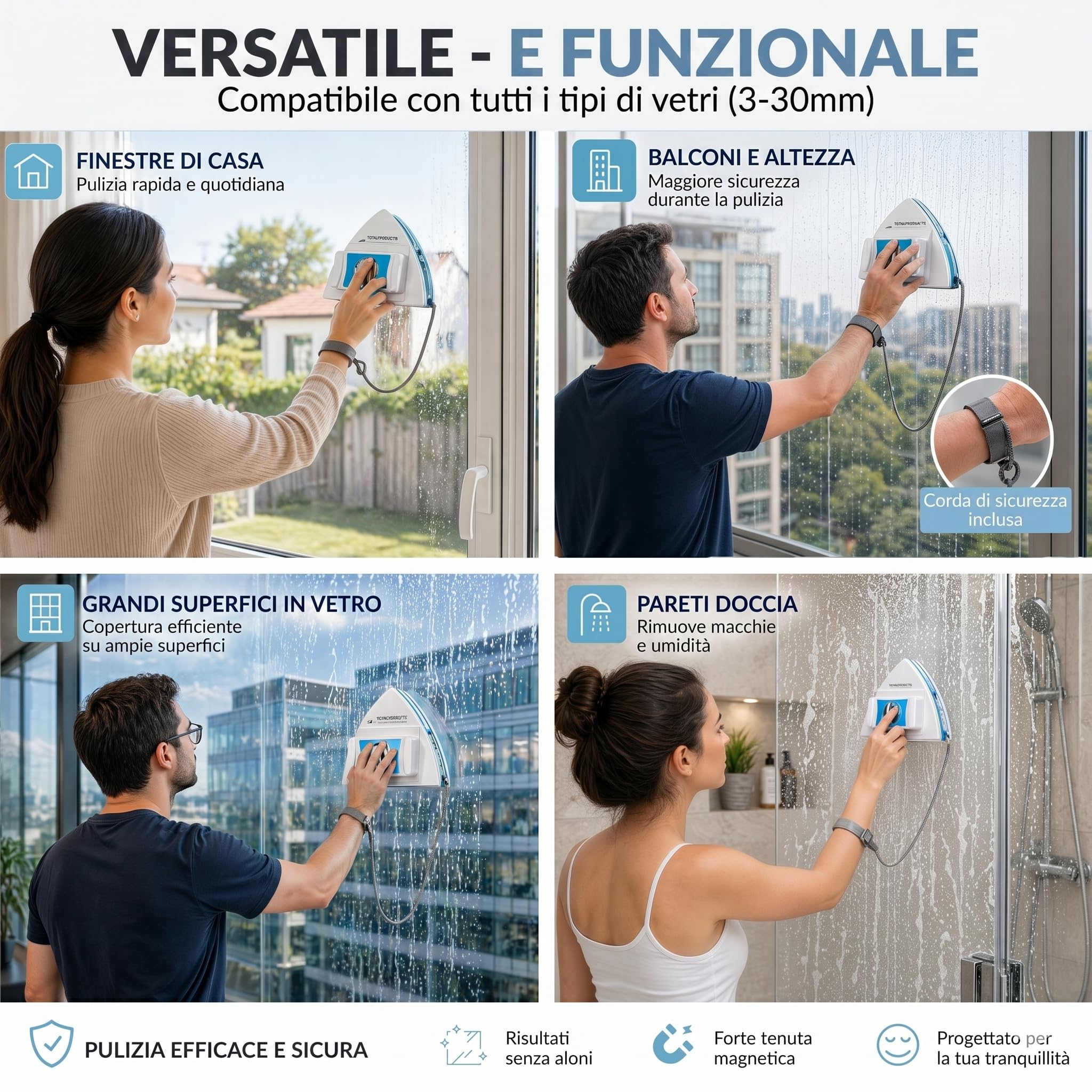 Lavavetri Magnetico Regolabile 3-30 mm, Pulitore Vetri Doppia Faccia, Corda di Sicurezza, Ricambi e Manuale