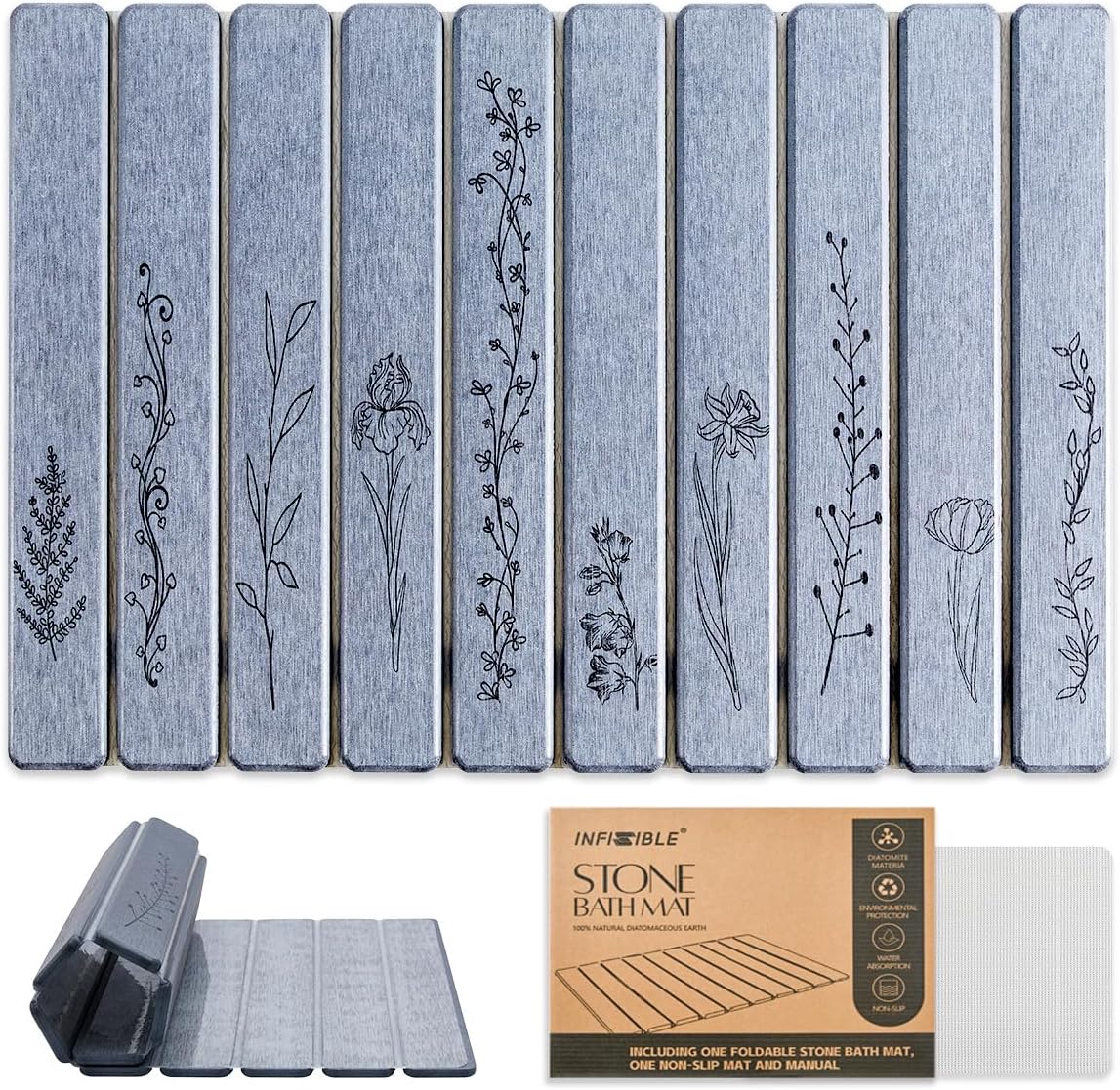 Foldable Stone Bath Mat - 24x16, Super Absorbent Diatomaceous Earth Large Bath Mats for Bathroom, Quick Dry Non-Slip Stone Drying Mats for Kitchen Counter & Bathtub (Dark Gray Floral Decor)