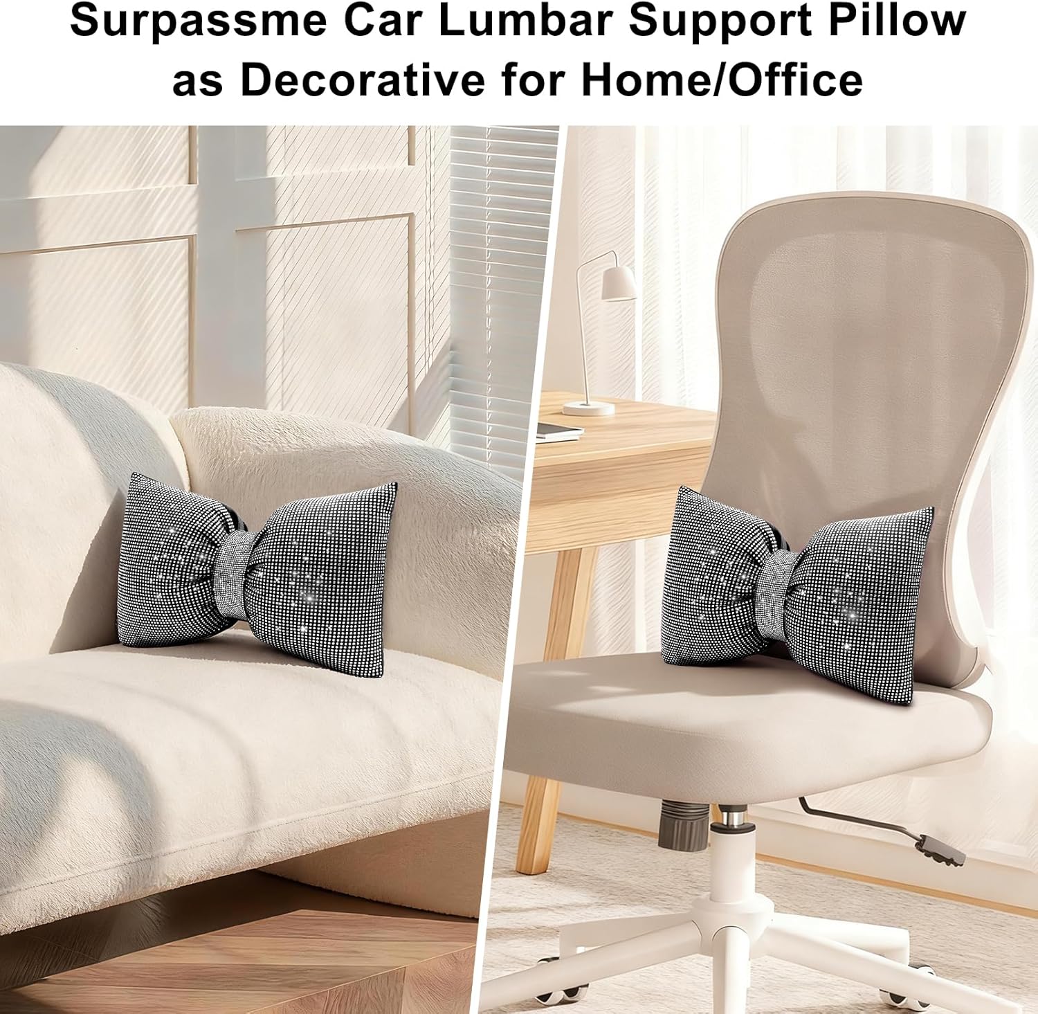 surpassme Rhinestone Lumbar Support Pillow for Car, Bling Back Support Pillow/Cushion Car Accessories for Women(White) - Image 6