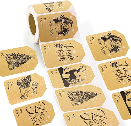 PETOX 300 etiquetas adhesivas de papel kraft marrón para regalo de Navidad, 6 diseños, etiquetas autoadhesivas de 2 x 3 pulgadas para bolsas de