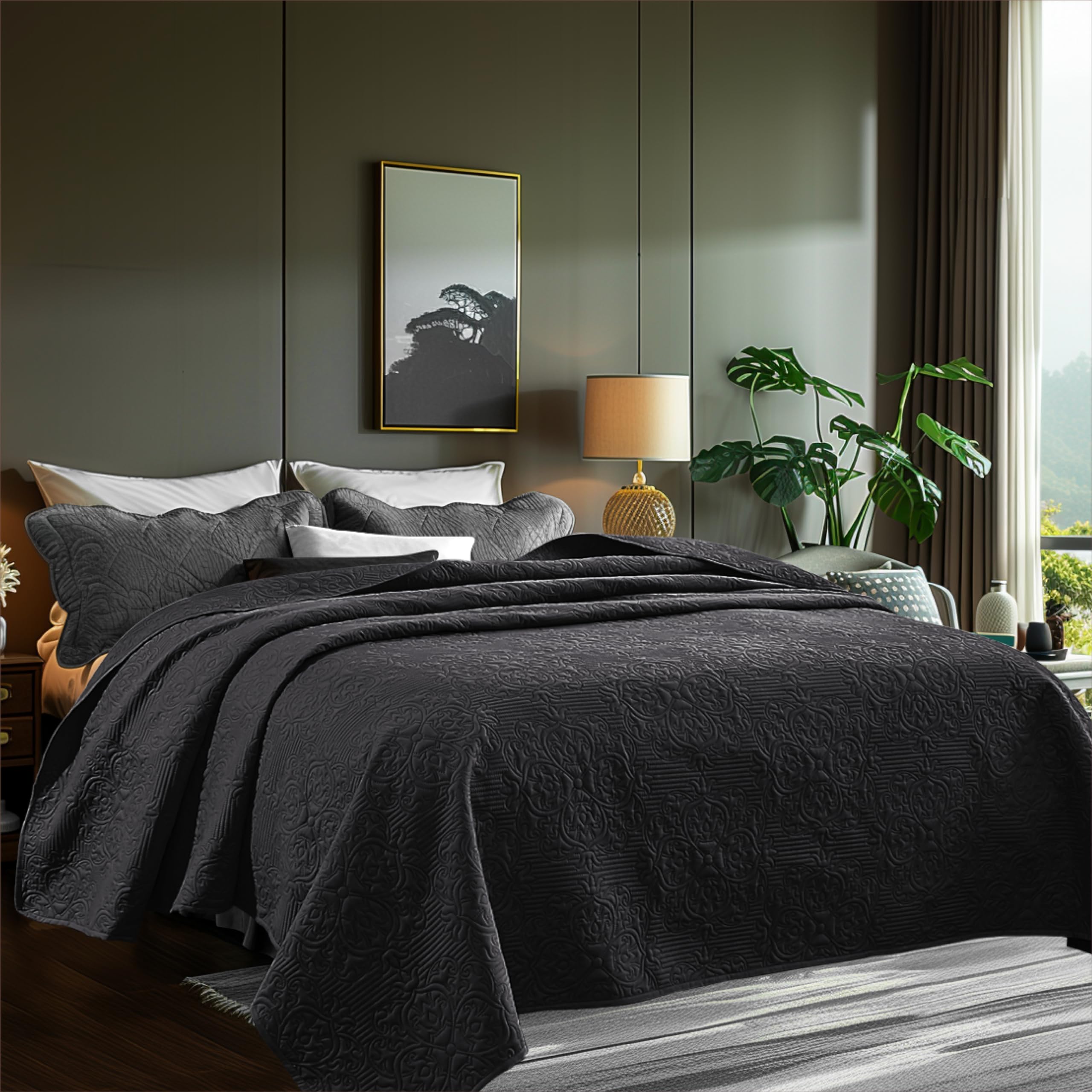 Sophia & William Bed Quilt Bedspread Coverlet - Reversible, Lightweight - Queen Size, Black