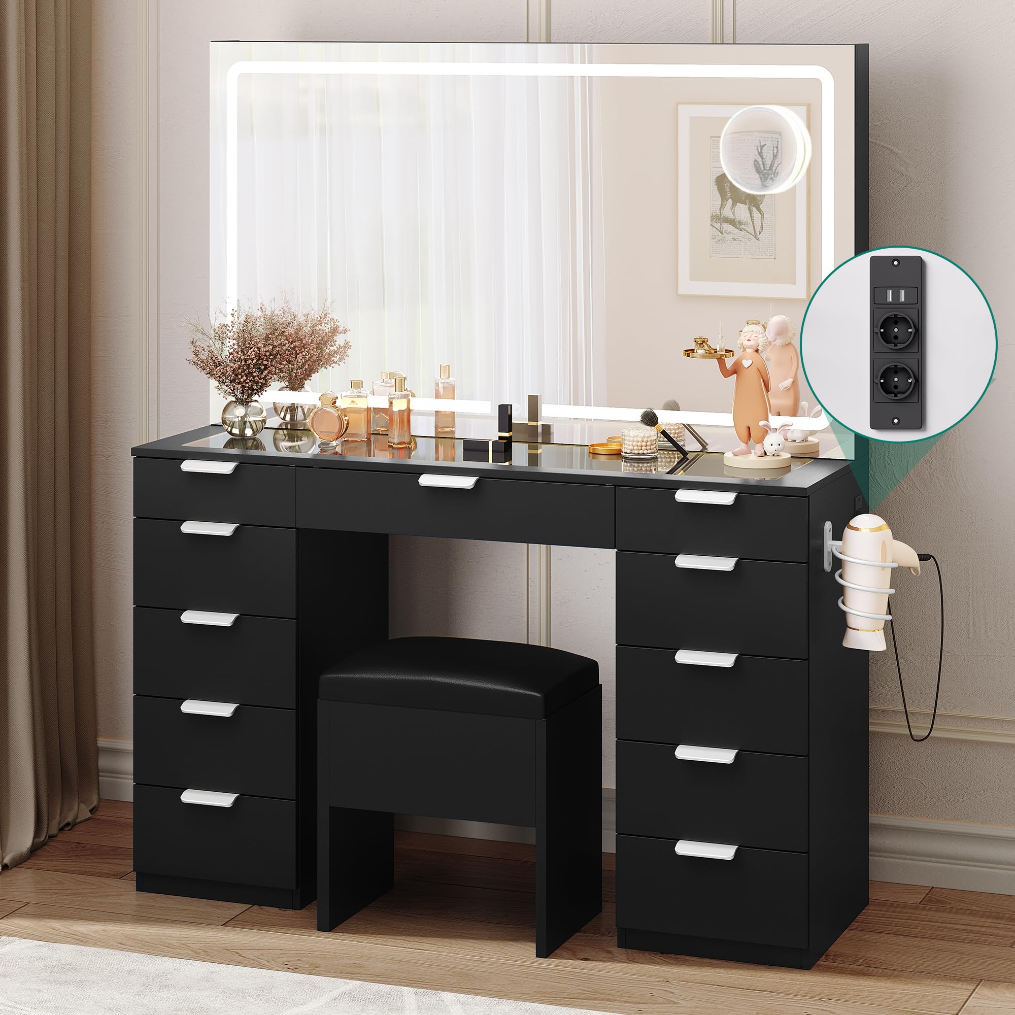 YITAHOME Schminktisch mit LED-Beleuchtung, 3 Farben mit Einstellbarer Helligkeit, Frisiertisch mit Spiegel für Make-up, Kosmetiktisch mit Steckdose, 11 Schubladen, modern, schwarz