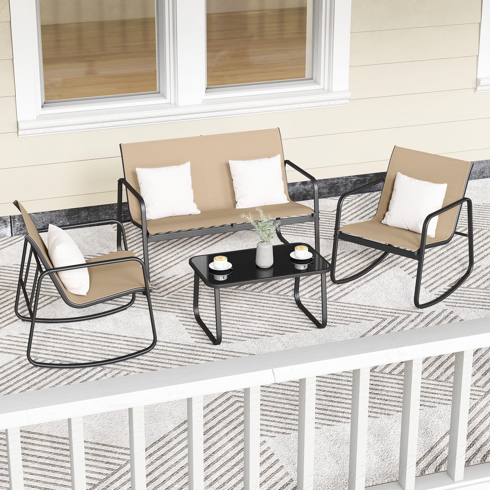 GIANTEX Salon de Jardin 4 Personnes, Table Extérieure avec 2 Chaises à Bascule en Tissu Respirant, 1 Canapé, Table Basse en Verre, Mobilier Jardin pour Balcon, Cour, Piscine (Marron)