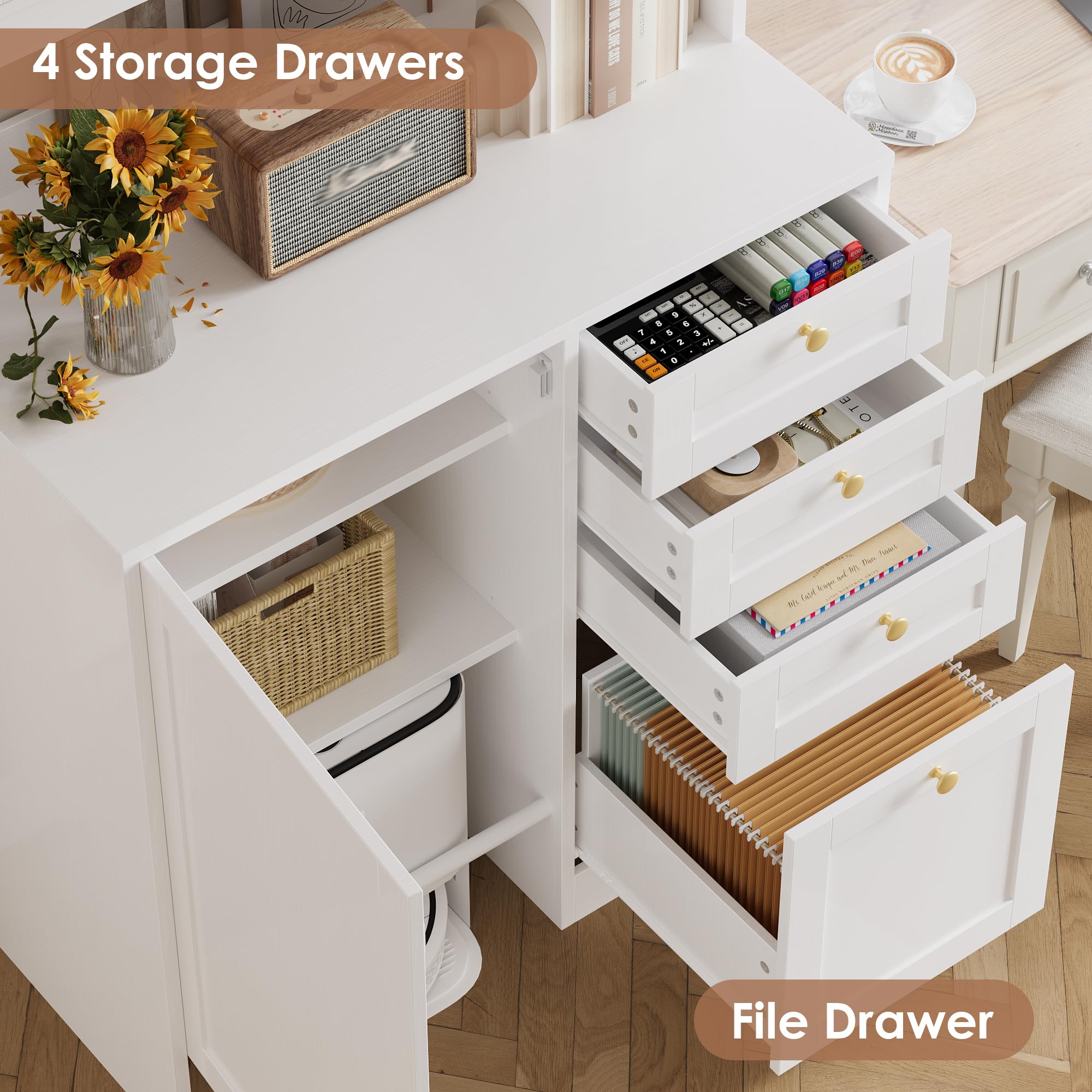 70.8"H Tall Robot Vacuum Stand Cabinet with 4 Drawers for Hanging Files, Pantry Storage Cabinet with Microwave Stand Printer Stand and Adjustable Shelves Bookcase for Living Room, Office, White