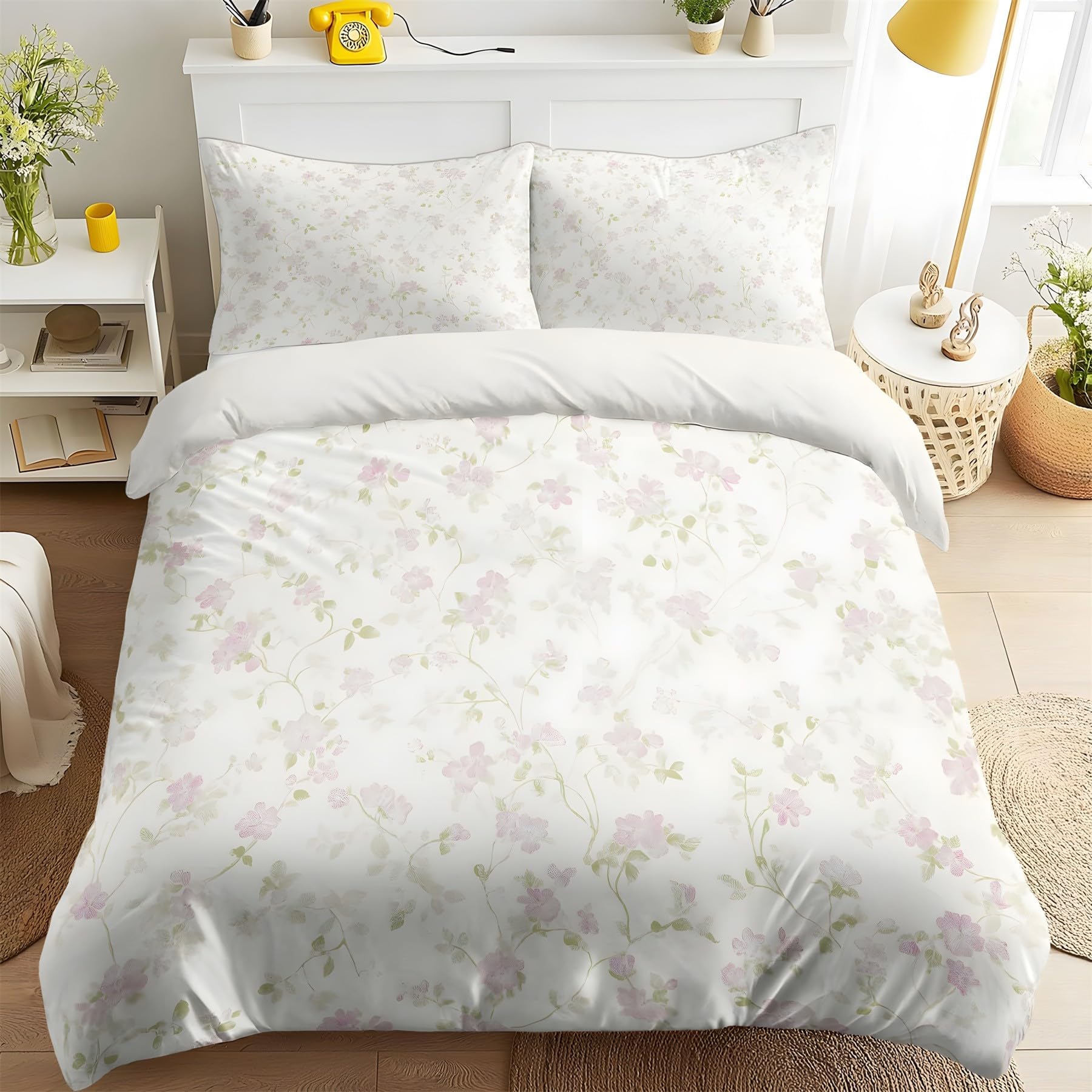 Housse de couette 140x200 imprimé floral blanc avec 2 taies d'oreiller 65x65