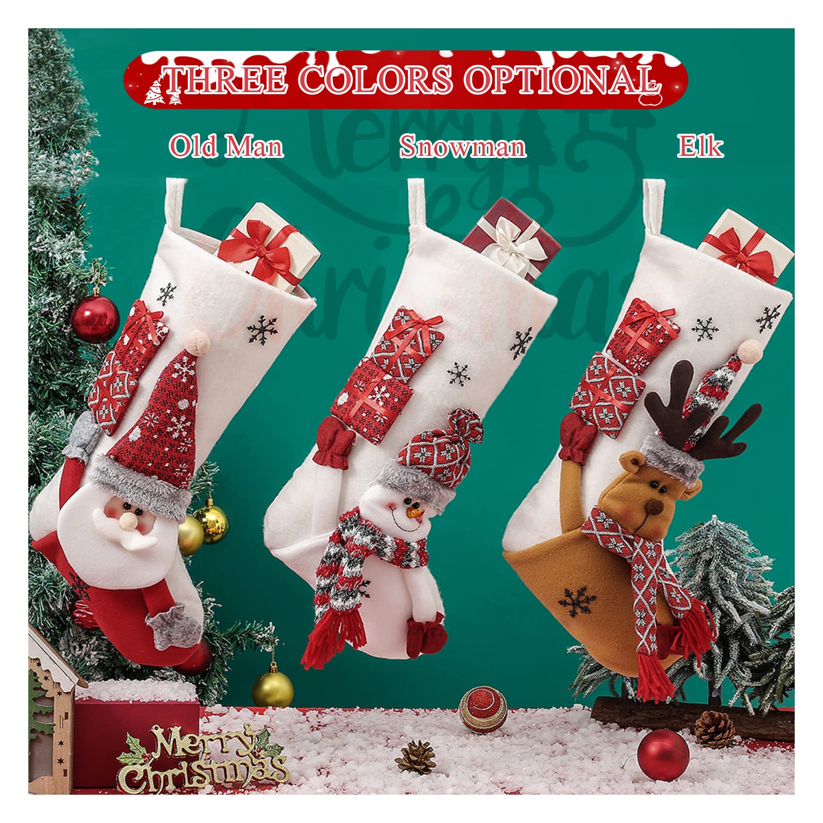 LumiSyne 3er Set Weihnachtsstrumpf 49cm Groß Nikolausstiefel Weiß Plüsch Mit Weihnachtsmann, Schneemann, Rentier Weihnachtssocken Geschenktüte Hängende Strümpfe Für Kamin Weihnachtsbaum Weihnachtsdeko