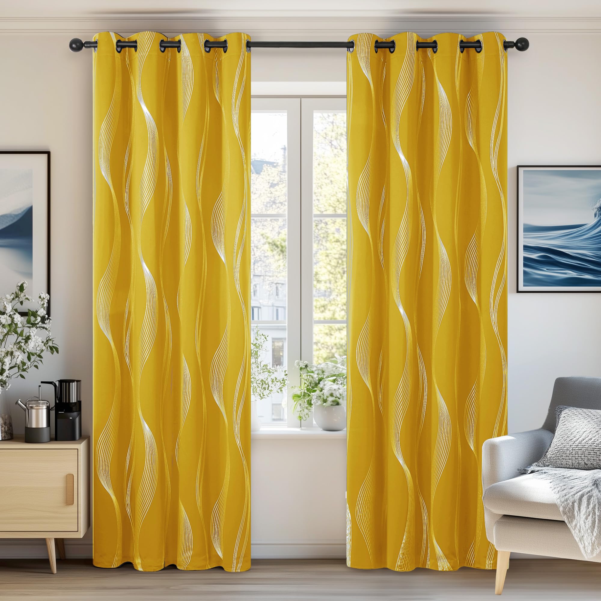 Deconovo Mellow Yellow Room Darkening Window Treatment Blackout Curtains Eyelet Silver Wave Line Foil Printed Curtains For Bedroom 52X84