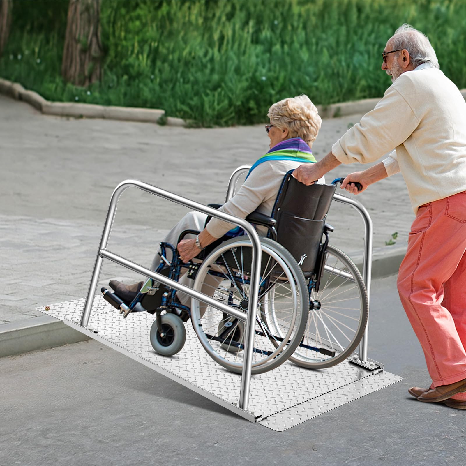 Blulu ((Minor Defects) Door Threshold Ramp with Handrails Adjustable 40 L x 31.5 W x 24 H Steel Wheelchair Ramp Skidproof Rustproof 496lbs Capacity Portable Handicap Ramps for Steps Homes Stairs