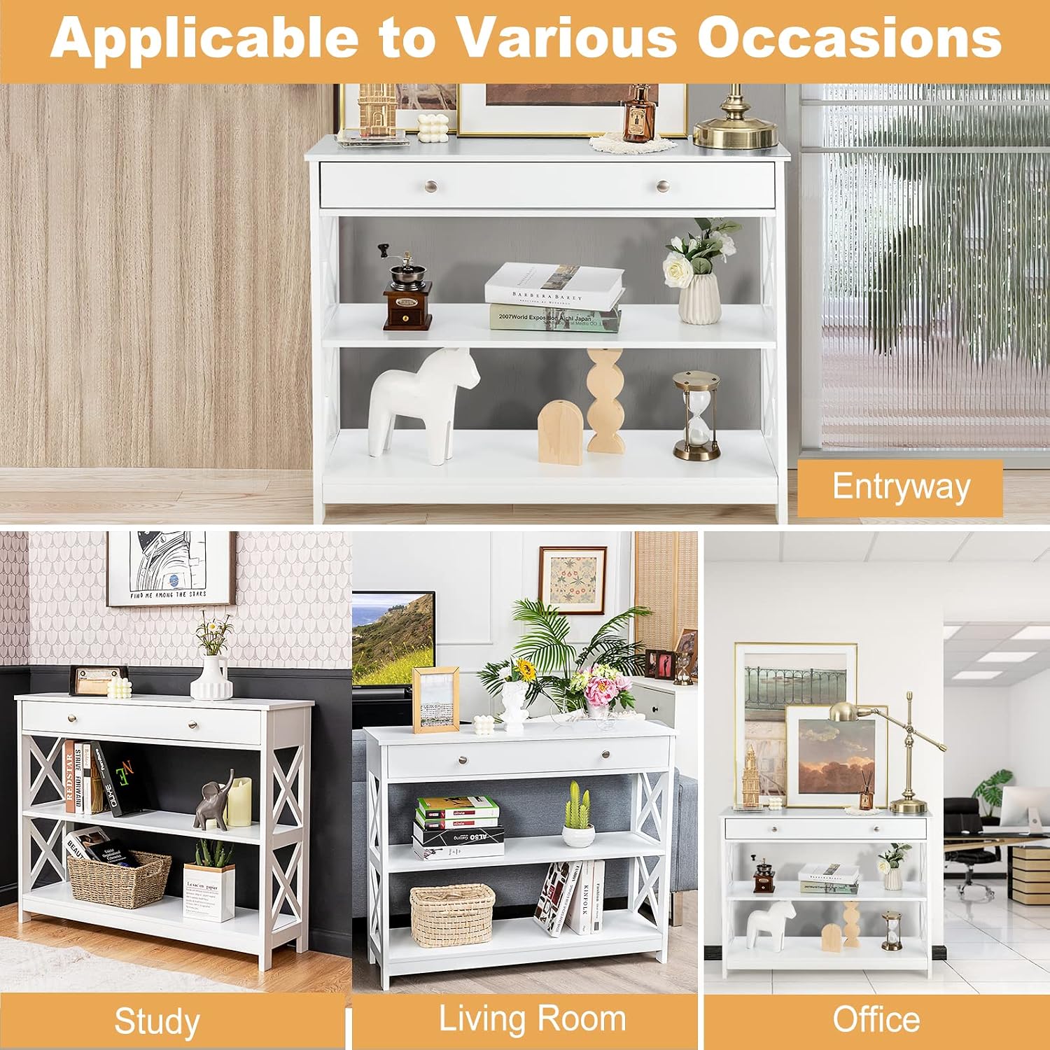 Close-up images highlighting key features of the console table: round knobs, metal slide rails for the drawer, reinforced X-shape structure on the sides, and stable supporting legs.