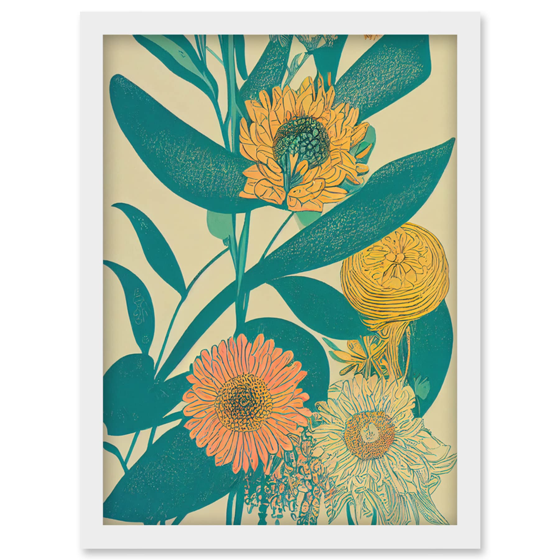 Wee Blue Coo Marigold Daisy Flowers Turquoise Leaves Bright Colourful Abstract Artwork Framed Wall Art Print A4