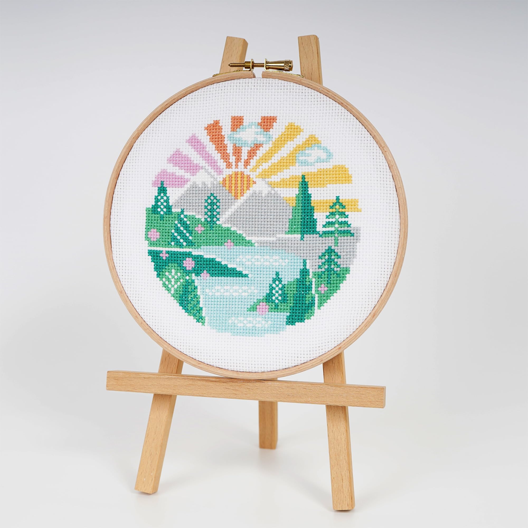 Cross Stitch Kit, Wandering Peaks for Beginners Modern Kit Includes DMC Threads and Zweigart Fabric, Green, blue, grey, pink - Image 2