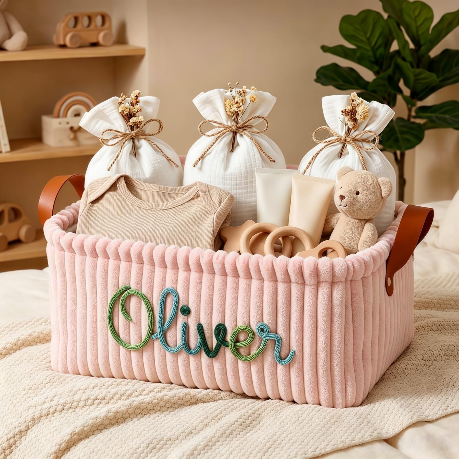 Custom Diaper Basket, Personalized Corduroy Storage Bin For Nursery Decor