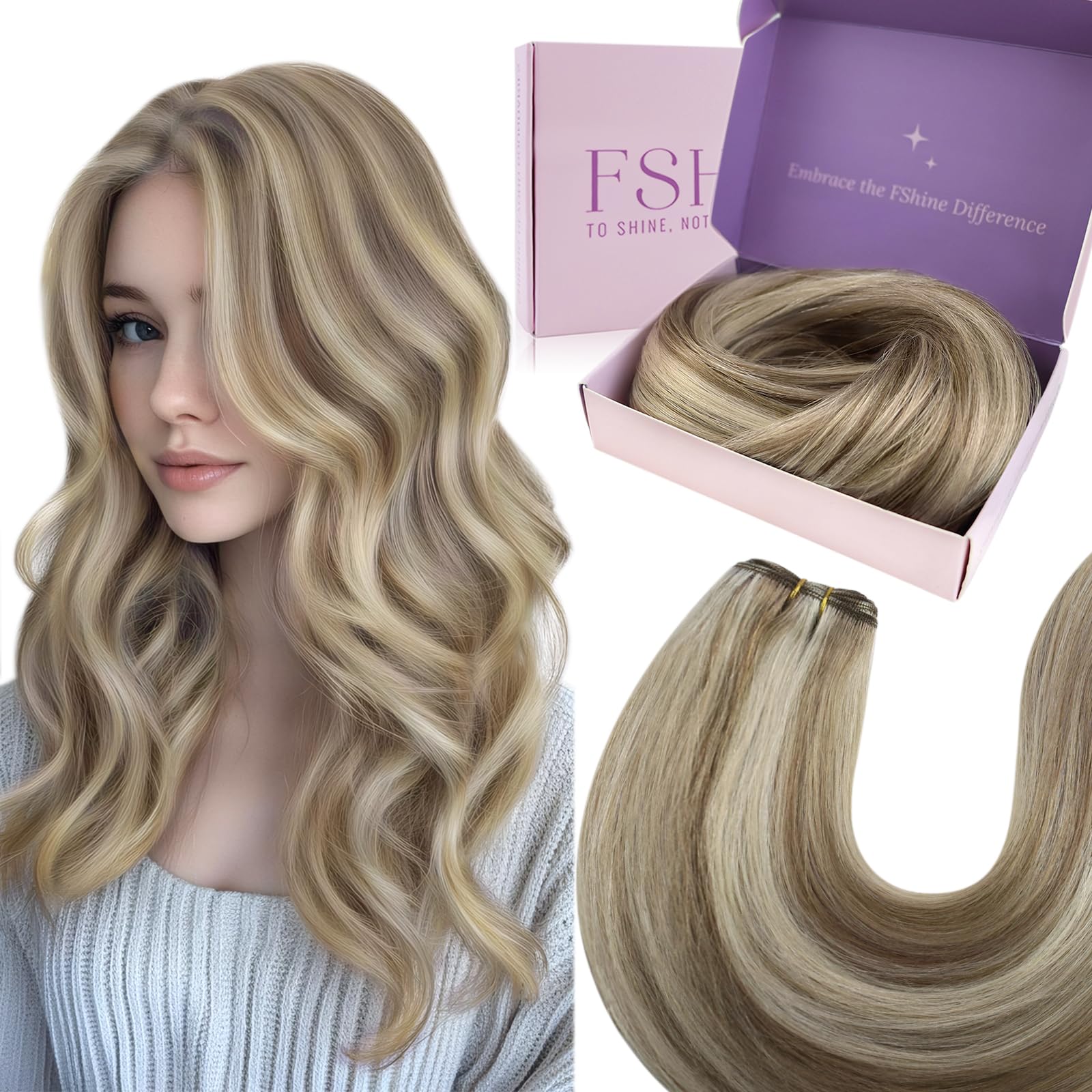 Fshine Matassa Capelli Veri Tessitura 30CM 80g Extension Capelli Veri Cucire Marrone Chiaro Alto Biondo Platino Weft Real Hair Extensions Matassa Capelli Remy #8P60