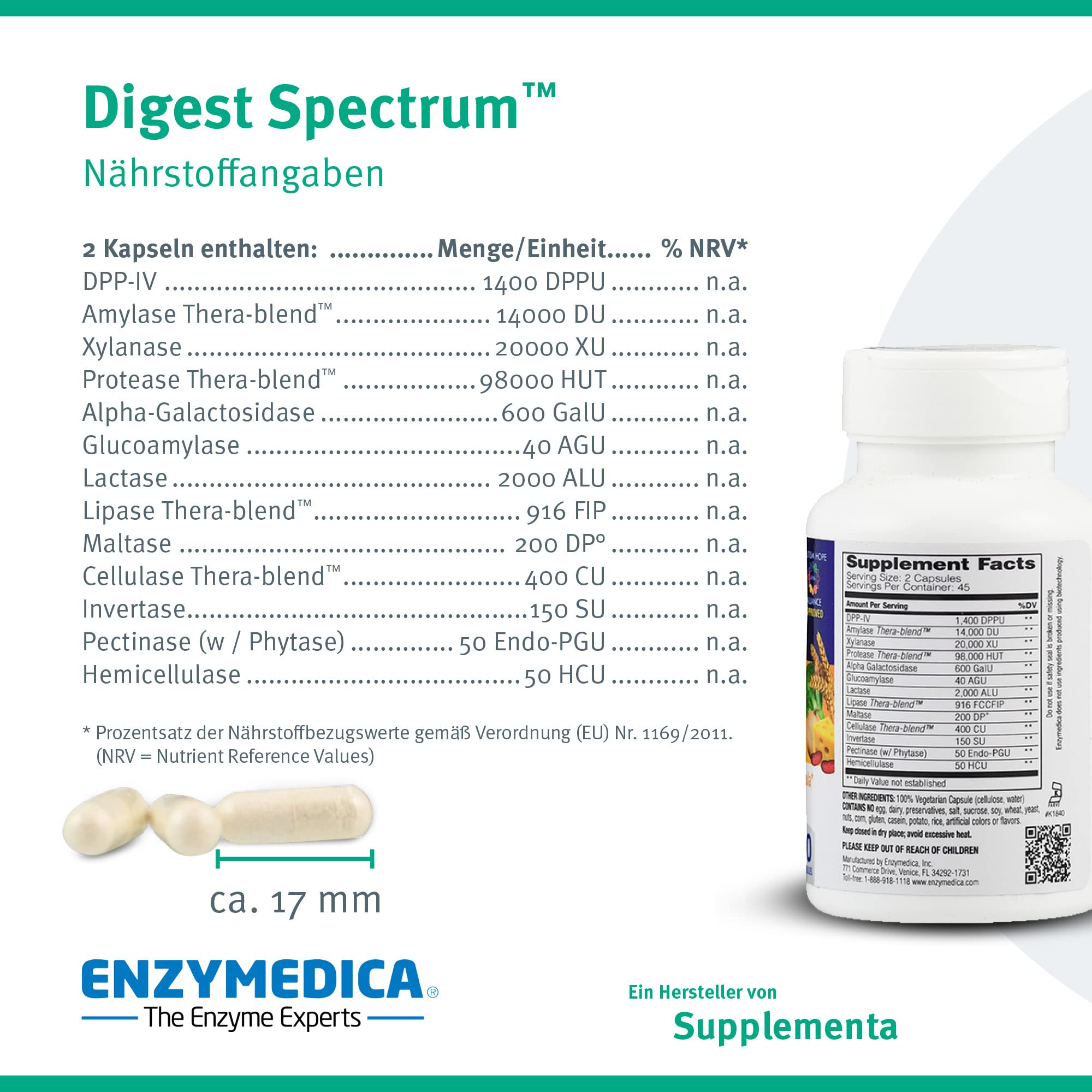 Enzymedica Digest Spectrum - Verdauungsenzyme zur Unterstützung der Aufspaltung von Proteinen, Kohlenhydraten und Fetten - glutenfrei, vegan, ohne Gentechnik, ohne Füllstoffe, 90 Kapseln
