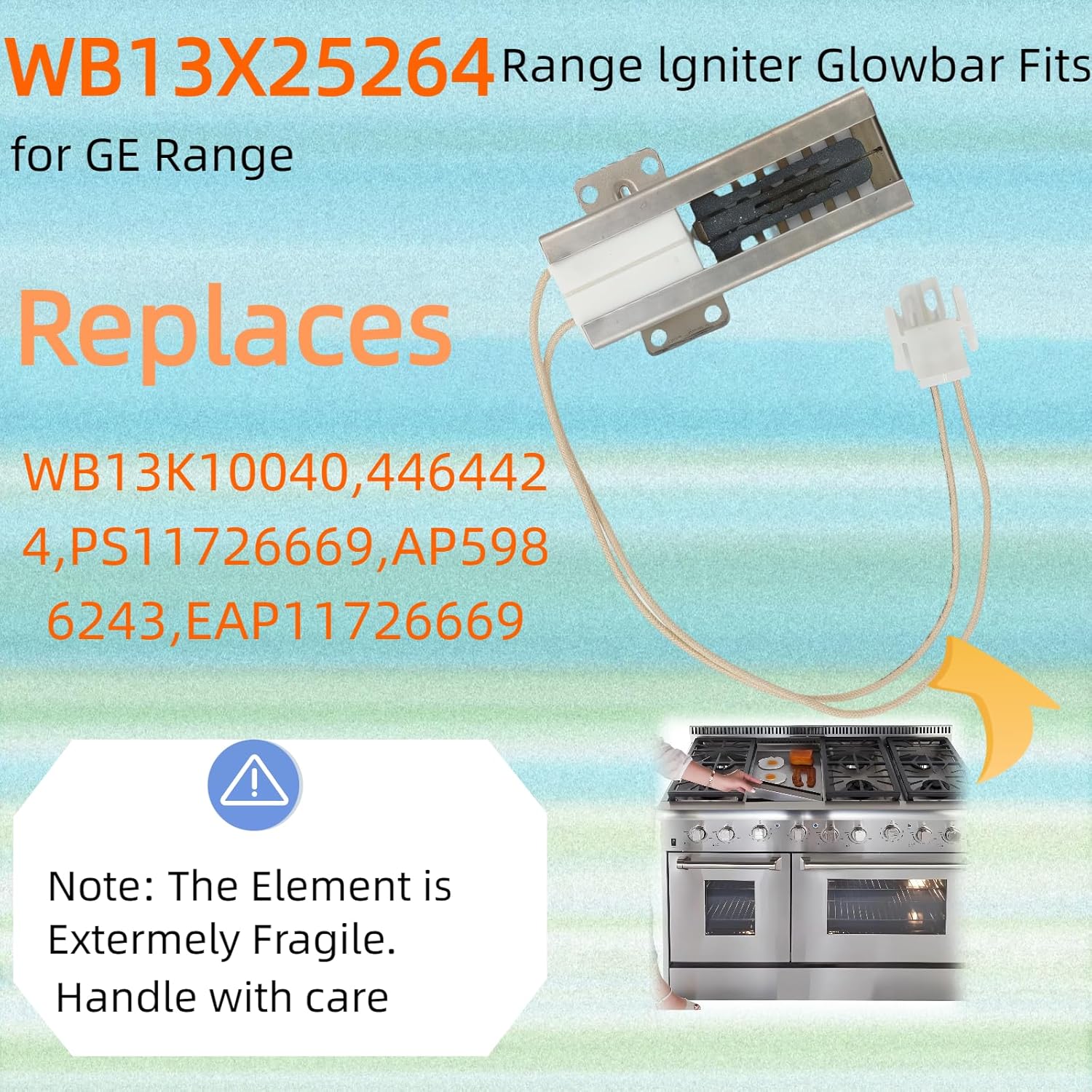 WB13X25264 Gas Range Oven Igniter - Compatible with GE, Replaces WB13K10040 Glowbar, 4464424, AP5986243 | Fits ZGP366LR2SS, CGS990SET1SS, ZGP364NDR1SS
