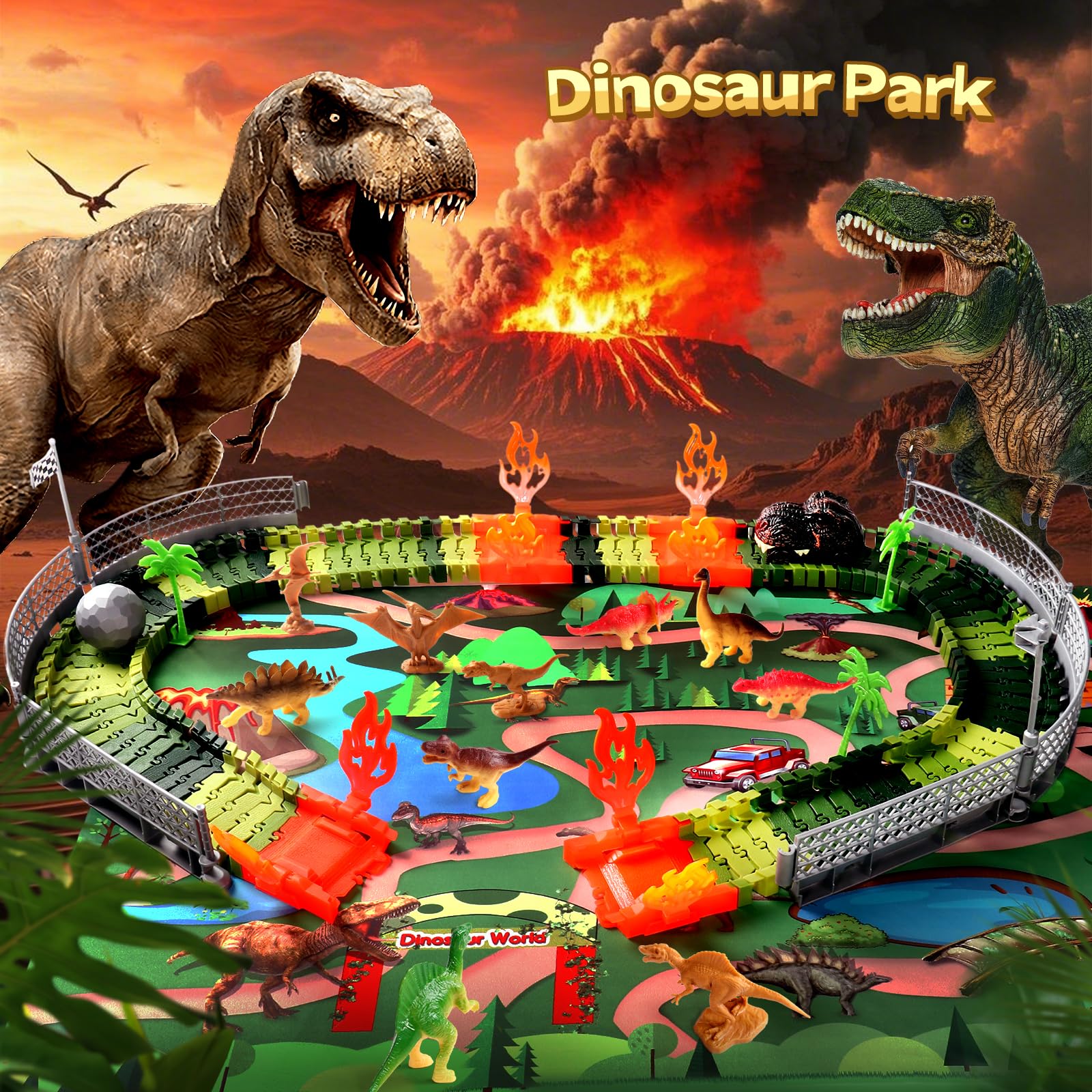 Circuit Voiture Enfant - Jouet Enfant 3 4 Ans Voiture Éducatif Dinosaure Flexible Tracks Dinosaure Circuit Cars de Piste 96 Pièces, Jouet Garçon 3 4 Ans Cadeau Garcon Fille 3 4 5 6 Ans
