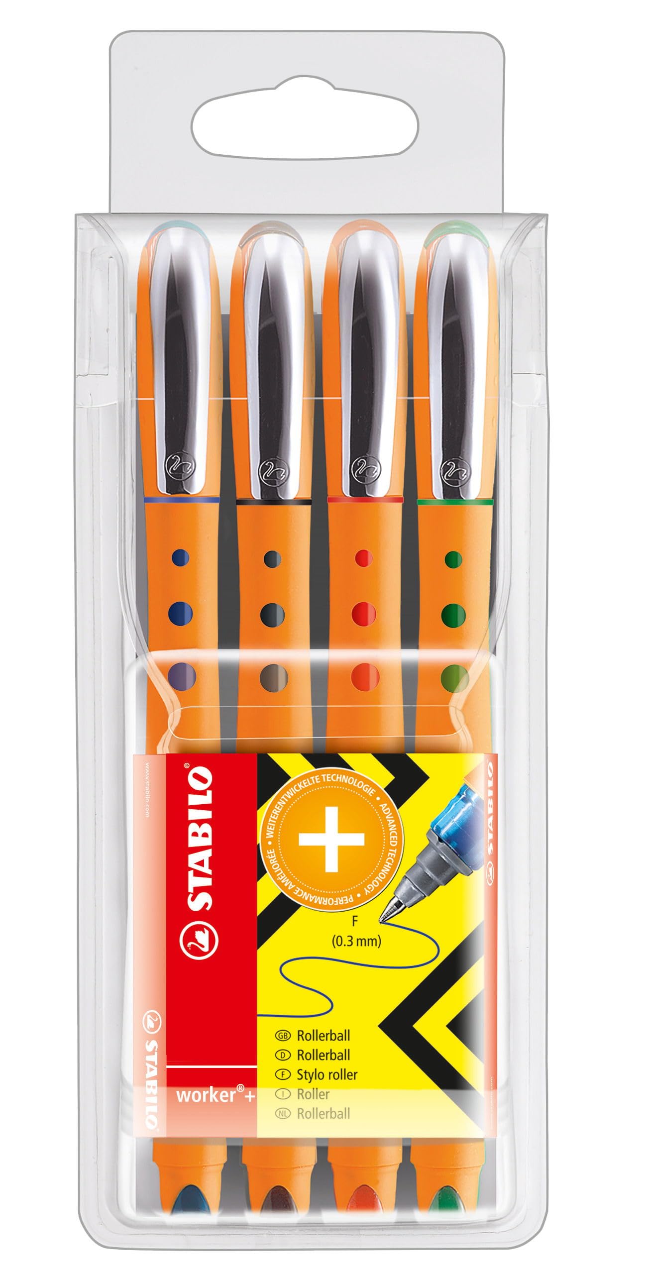 STABILO Rollerball worker+ Fine - Wallet of 4 - Assorted Colours