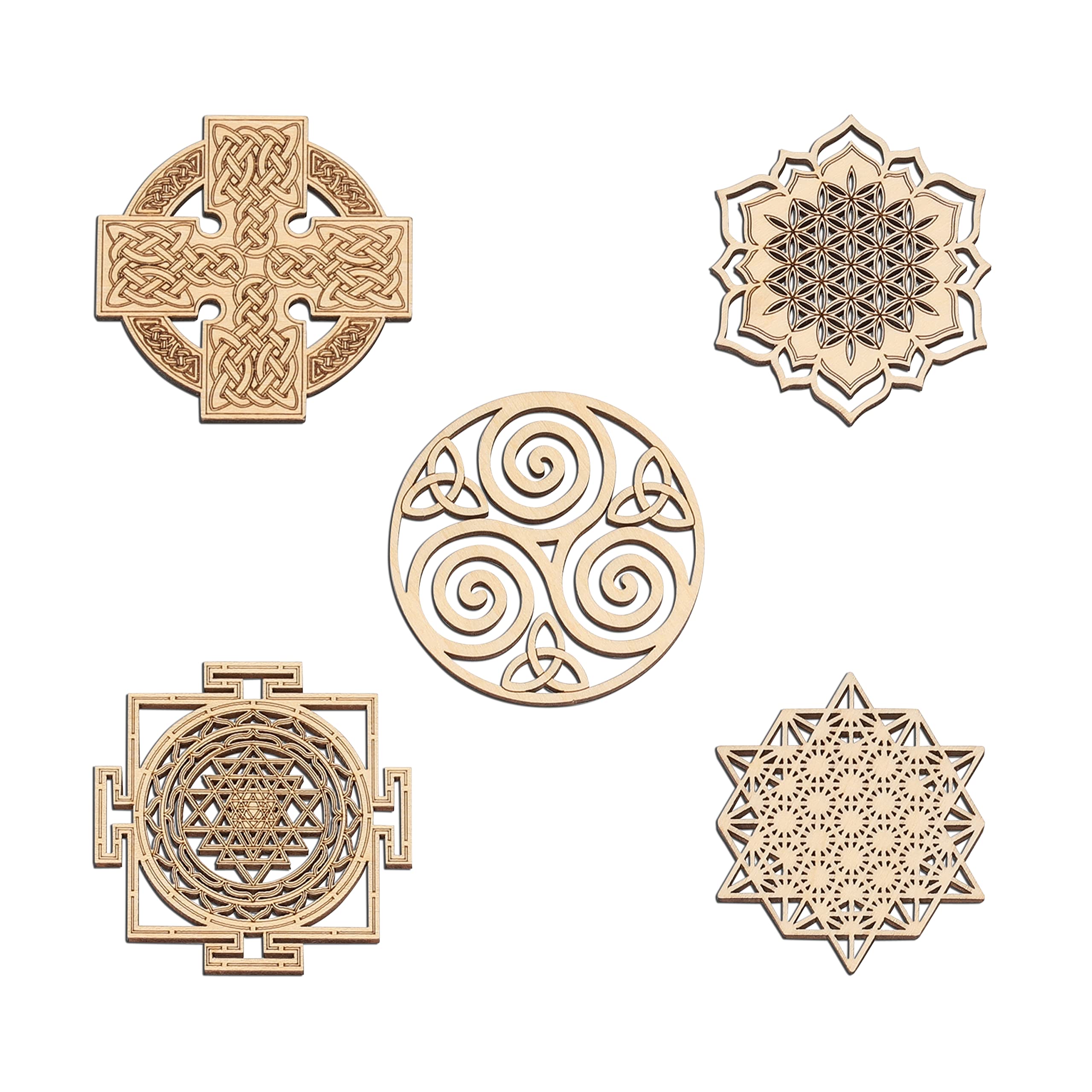 Fourth Level Manufacturing MFG 5-PCS 2" Assorted Pack 2, Sacred Geometry Wood, mall Spiritual Tokens/Charms/Trinkets, for Symbolic Gifts, Home Wall Arts, Altar Amulets